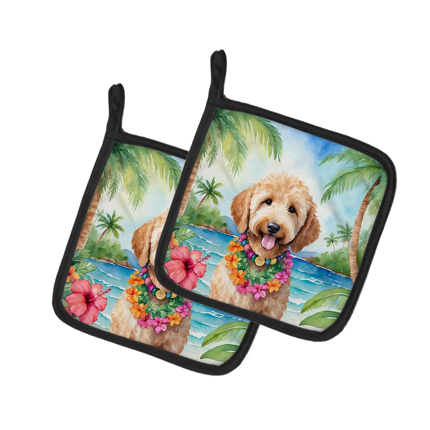 Goldendoodle Luau Pair of Pot Holders