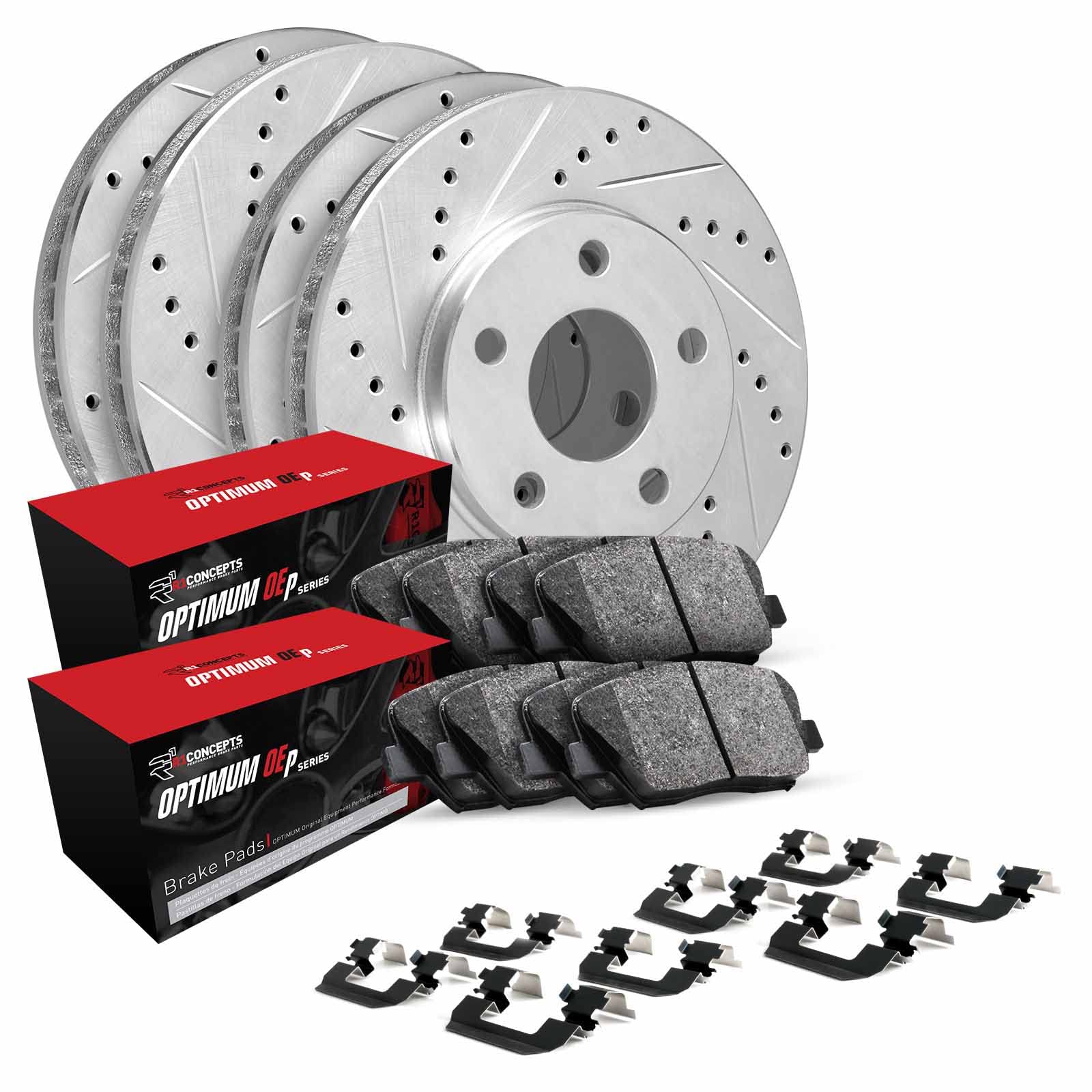 R1 Concepts Drilled and Slotted Silver Disc Brake Rotor Set with Optimum Oe Pads and Hardware WGUH2-48035