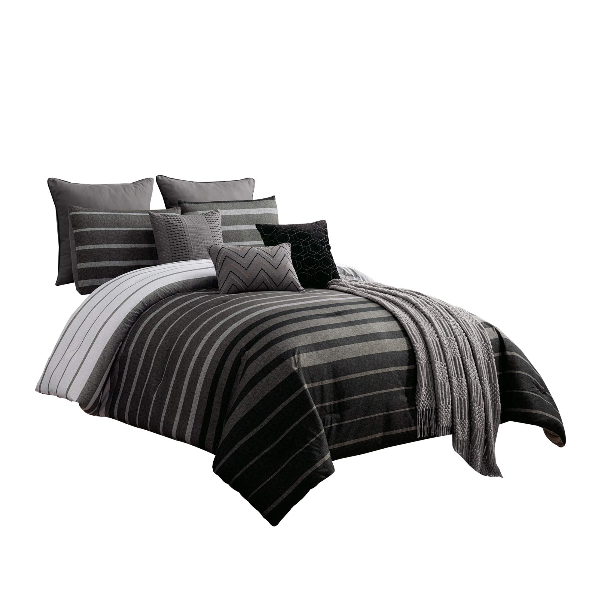 10 Piece Queen Polyester Comforter Set with Striped Details, Black and Gray