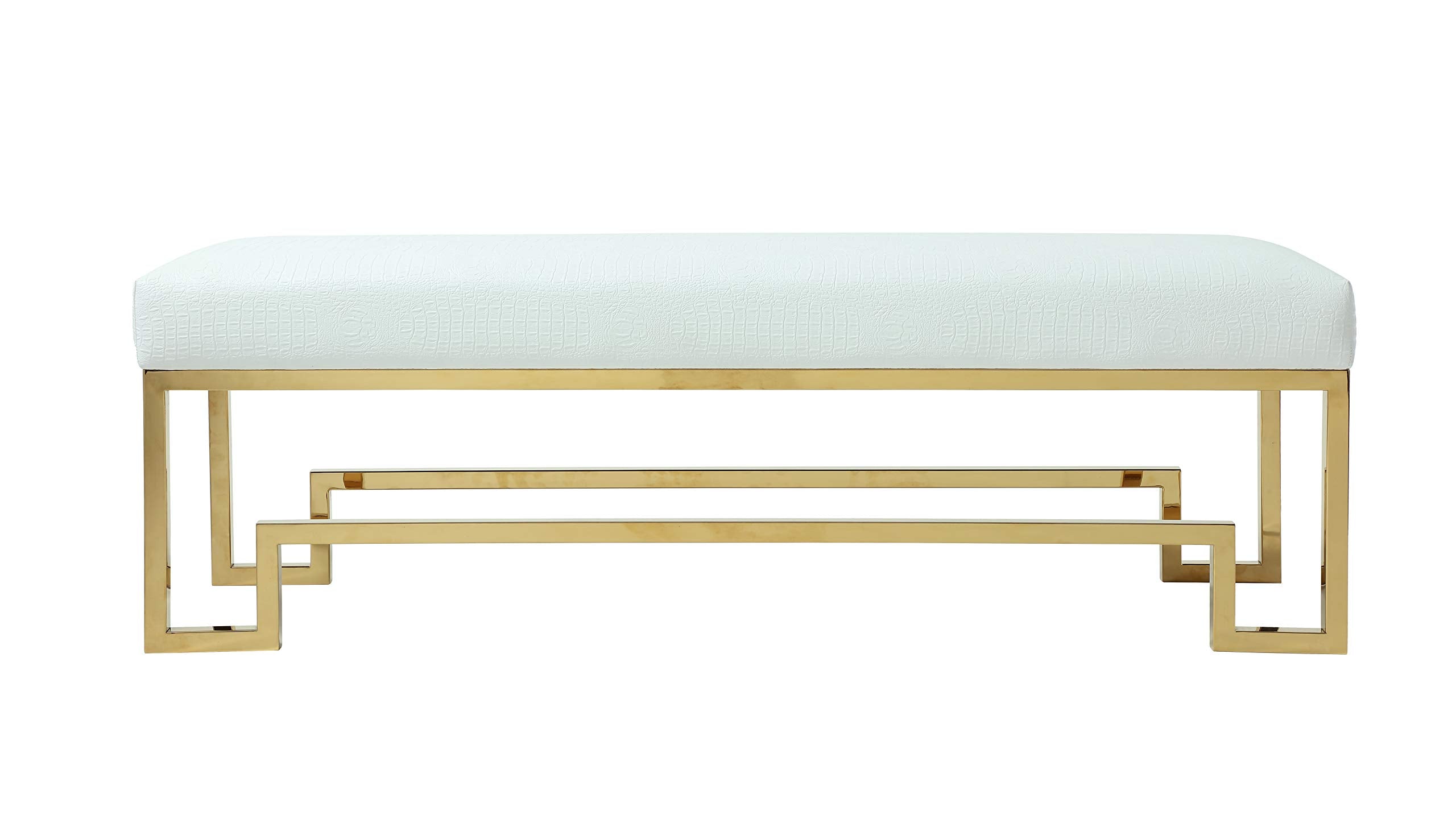 Rectangular Faux Leather Upholstered Bench with Stainless Steel Base, White and Gold