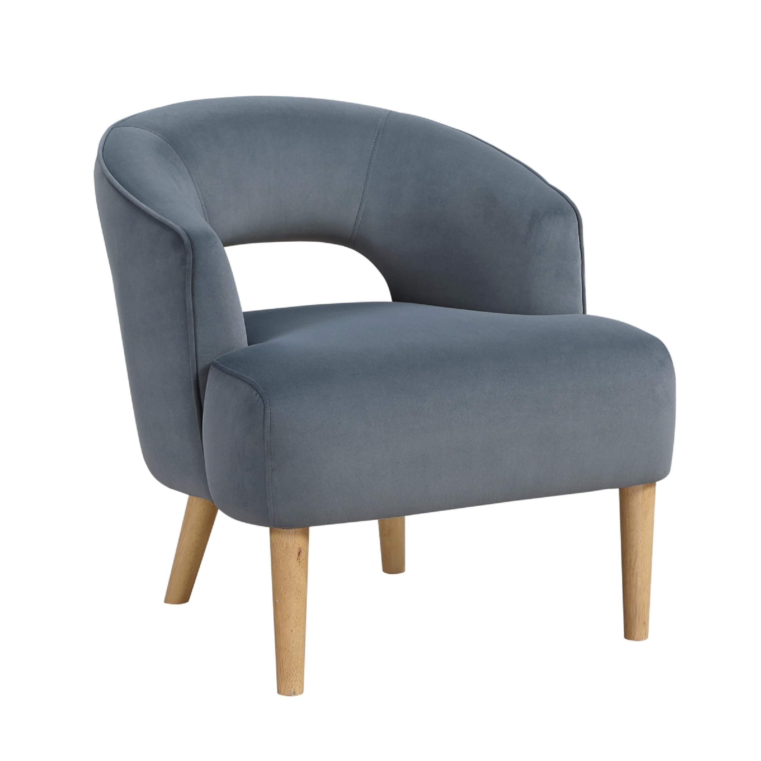 Dora Accent Chair, Open Barrel Back, Dark Gray Velvet, Light Brown Legs