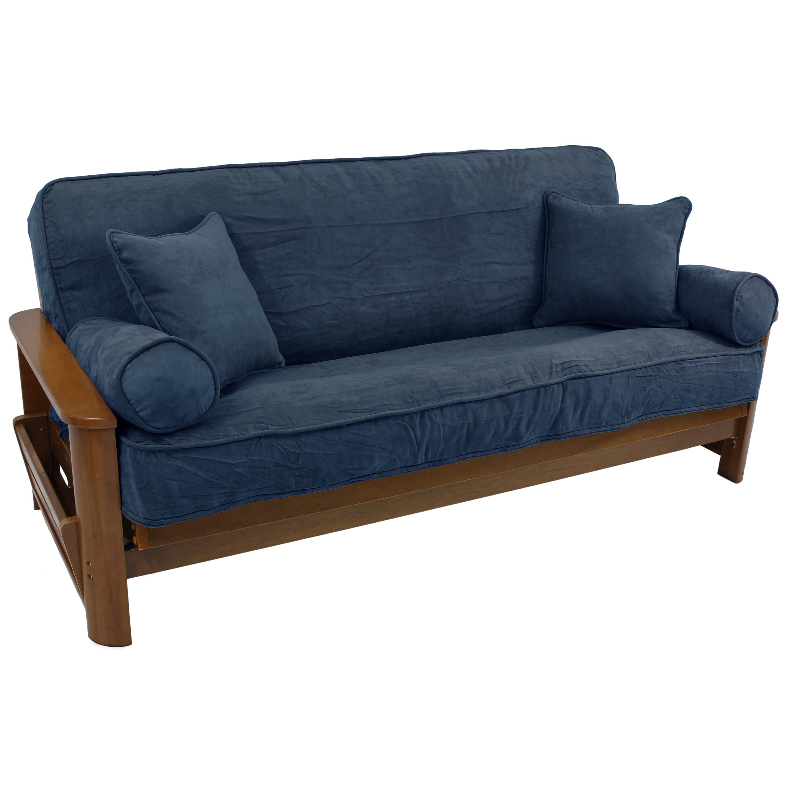 Solid Microsuede Double Corded 8 to 9-inch Full Futon Cover Set with Four Throw Pillows (Set of 5) - Indigo