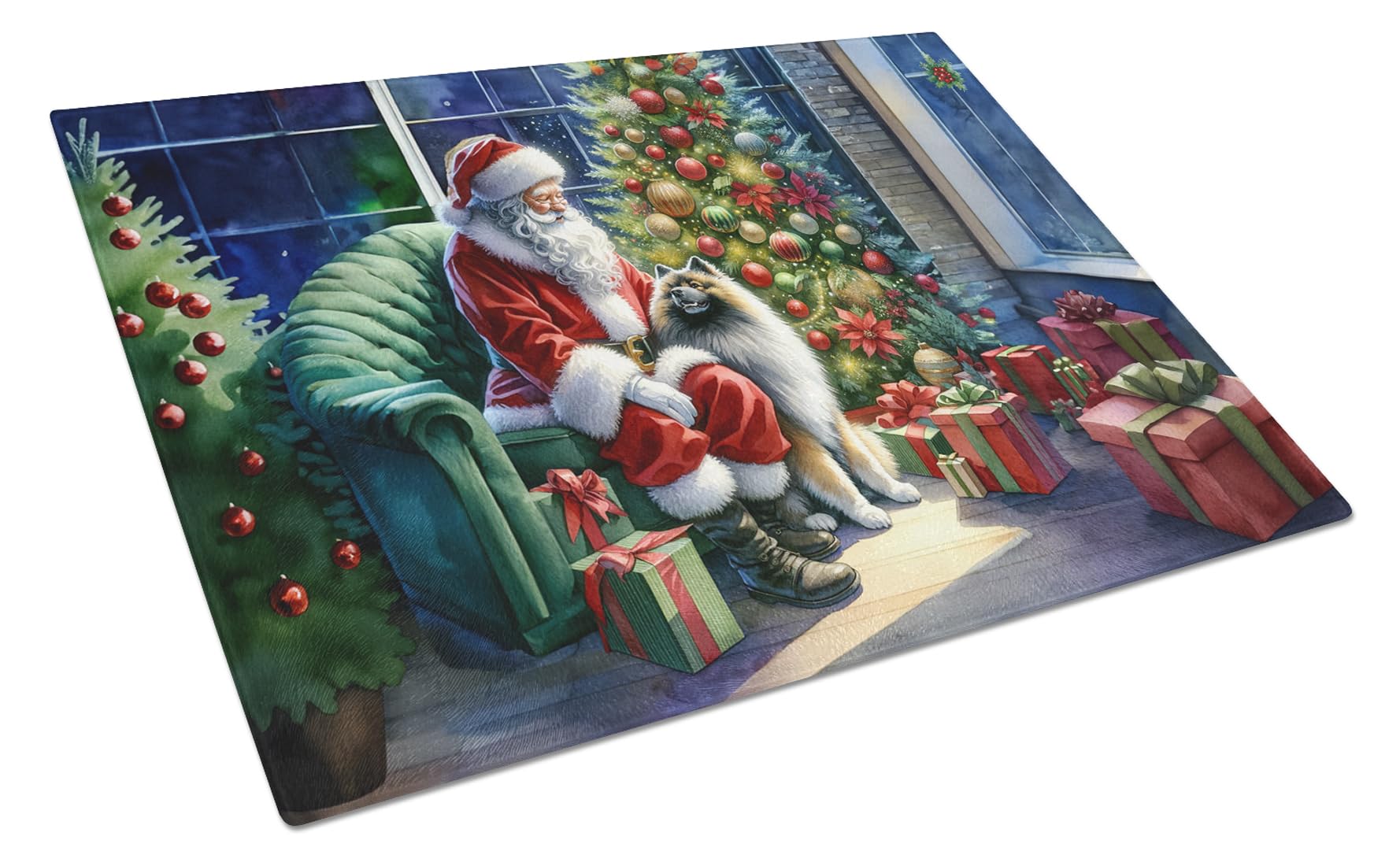 Carolines Treasures DAC4130LCB Keeshond and Santa Claus Glass Cutting Board Decorative Tempered Glass Kitchen Cutting and Serving Board Large Size Chopping Board