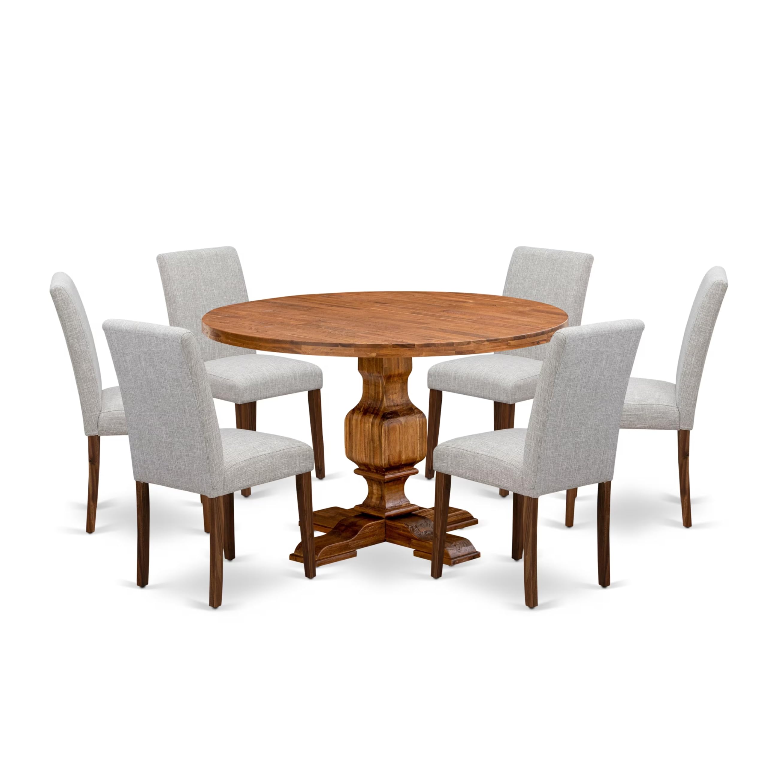 East West Furniture 7-Piece Modern Dining Set - Dinner Table and 6 Doeskin Color Parson Chairs with High Back - Antique Walnut Finish