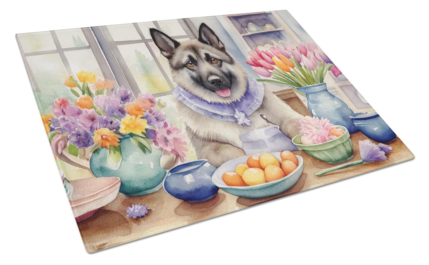 Carolines Treasures DAC6859LCB Decorating Easter Norwegian Elkhound Glass Cutting Board Decorative Tempered Glass Kitchen Cutting and Serving Board Large Size Chopping Board