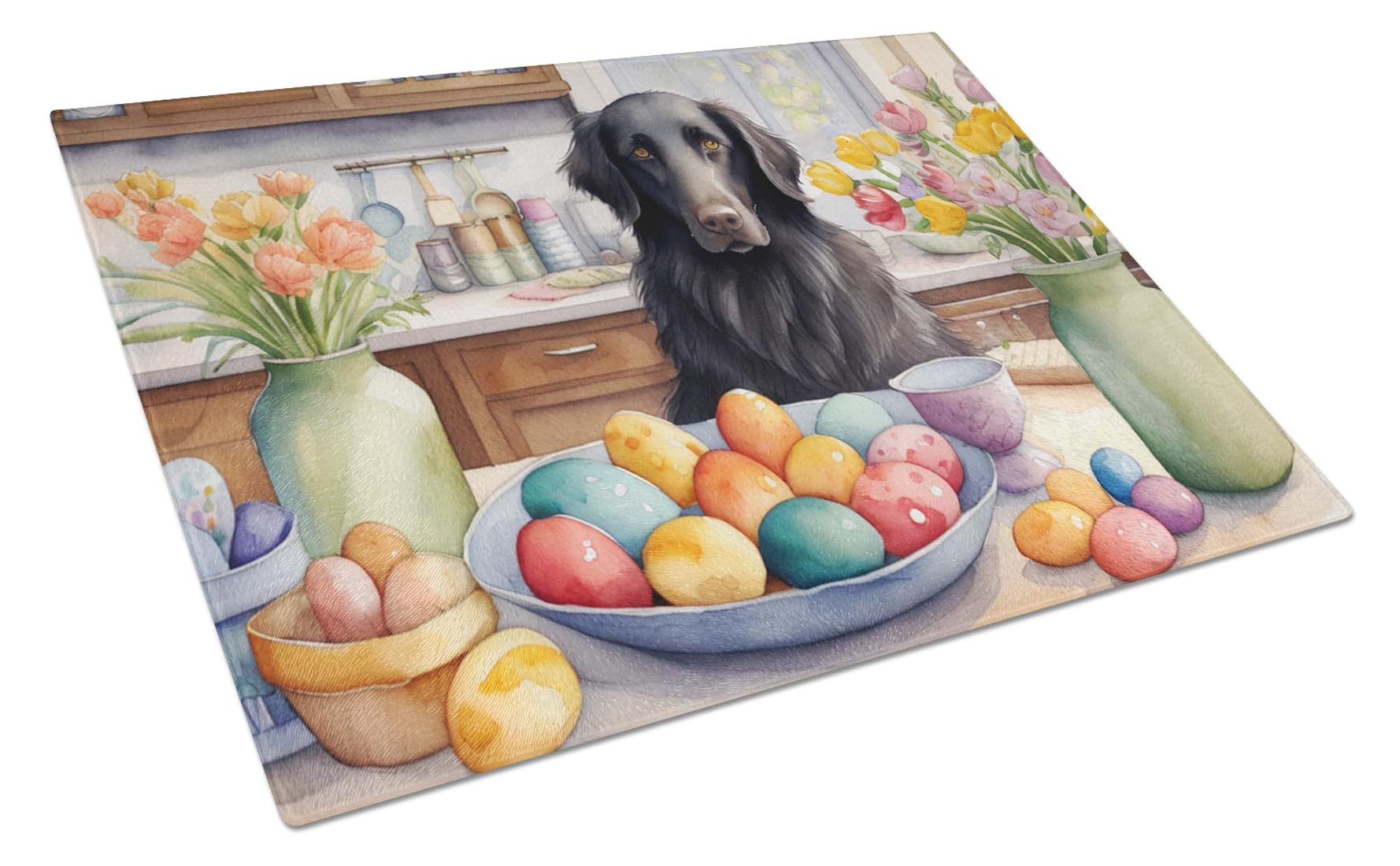 Carolines Treasures DAC6812LCB Decorating Easter Flat-Coated Retriever Glass Cutting Board Decorative Tempered Glass Kitchen Cutting and Serving Board Large Size Chopping Board