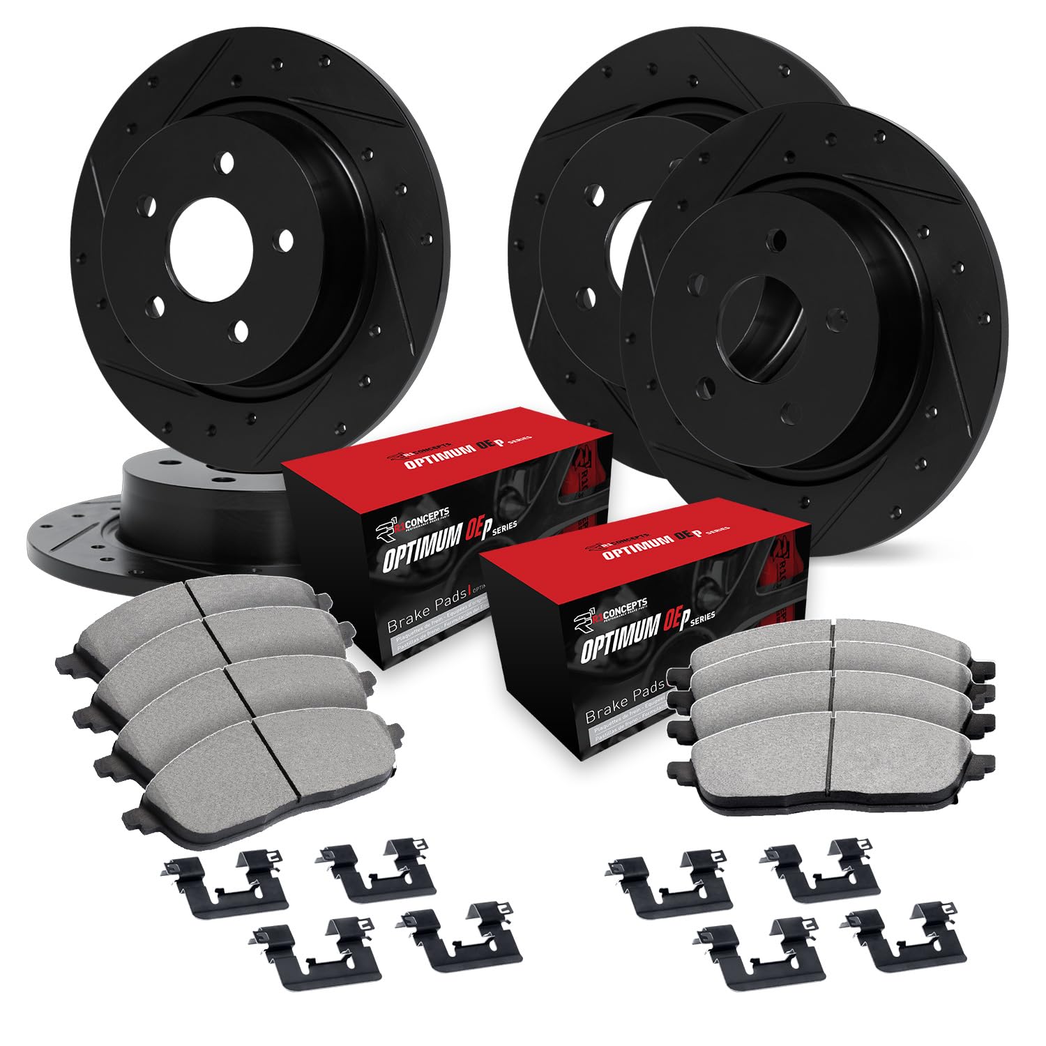 R1 Concepts Drilled and Slotted Black Disc Brake Rotor Set with Optimum Oe Pads and Hardware WHUH2-27001