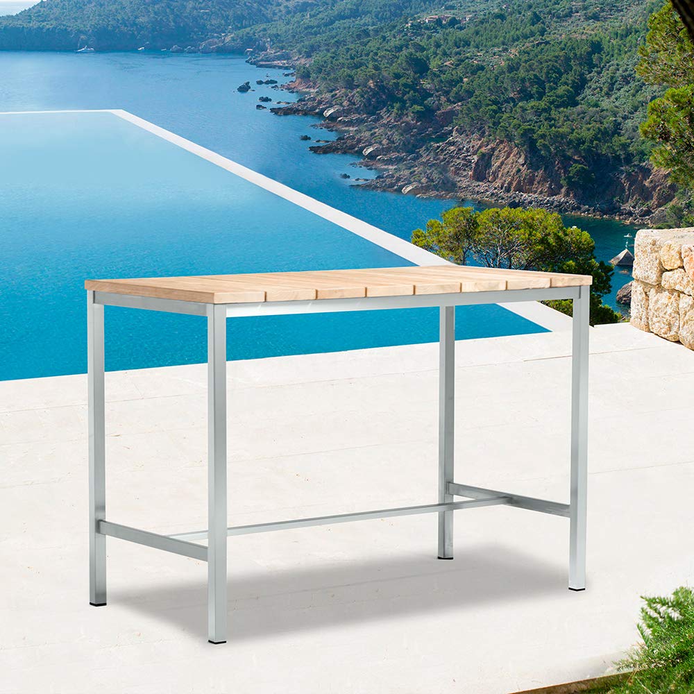 Stone Indoor/Outdoor Bar Table,  Recycling teak wood and brushed stainless steel Base