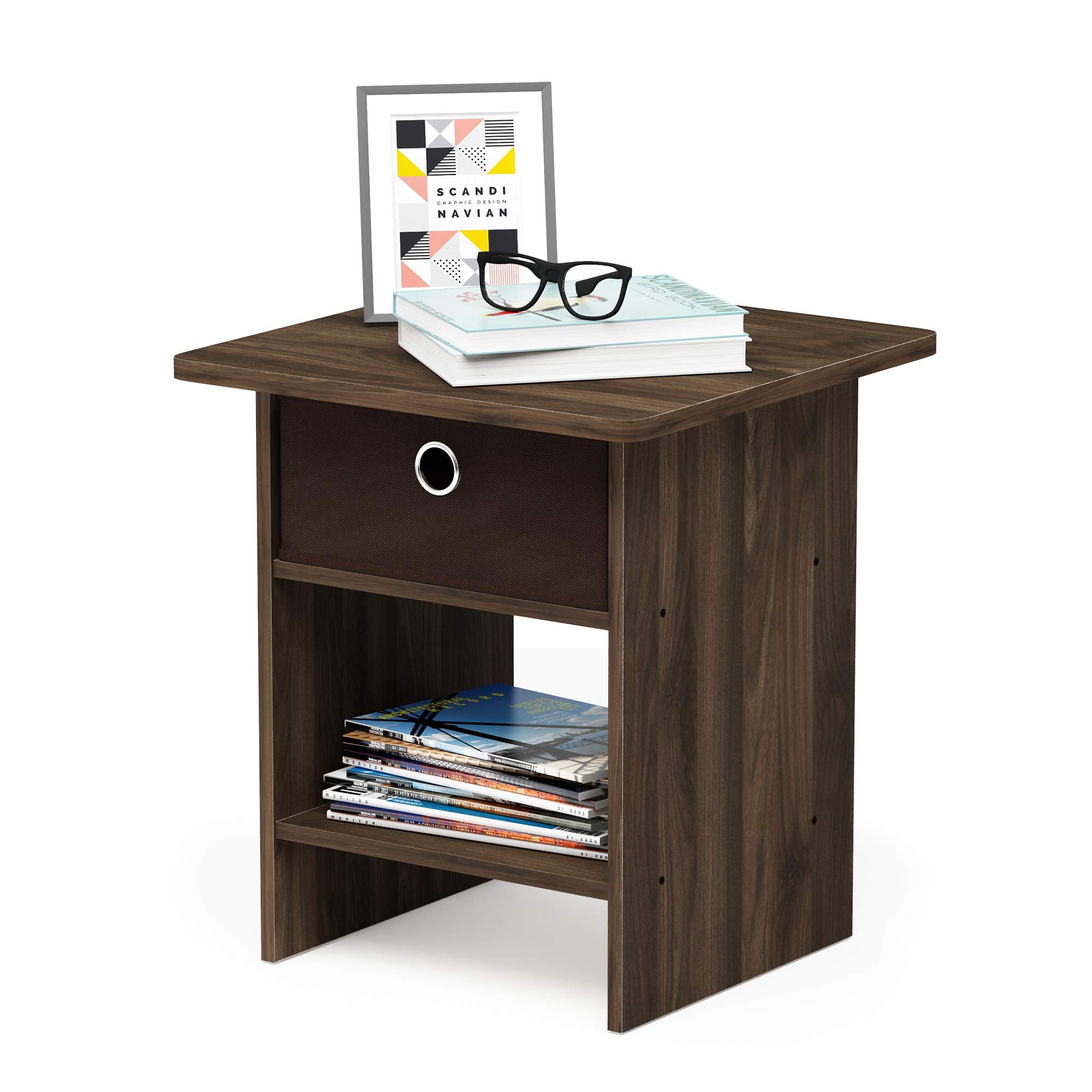Furinno 10004 End Table/ Night Stand Storage Shelf with Bin Drawer, Columbia Walnut/Dark Brown