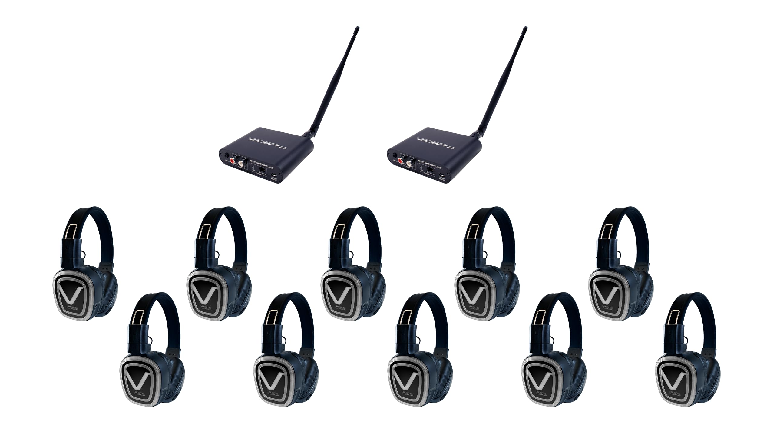 Professional Long-Range Silent Disco/ Event package with Two Transmitters and Ten Headphone Receivers