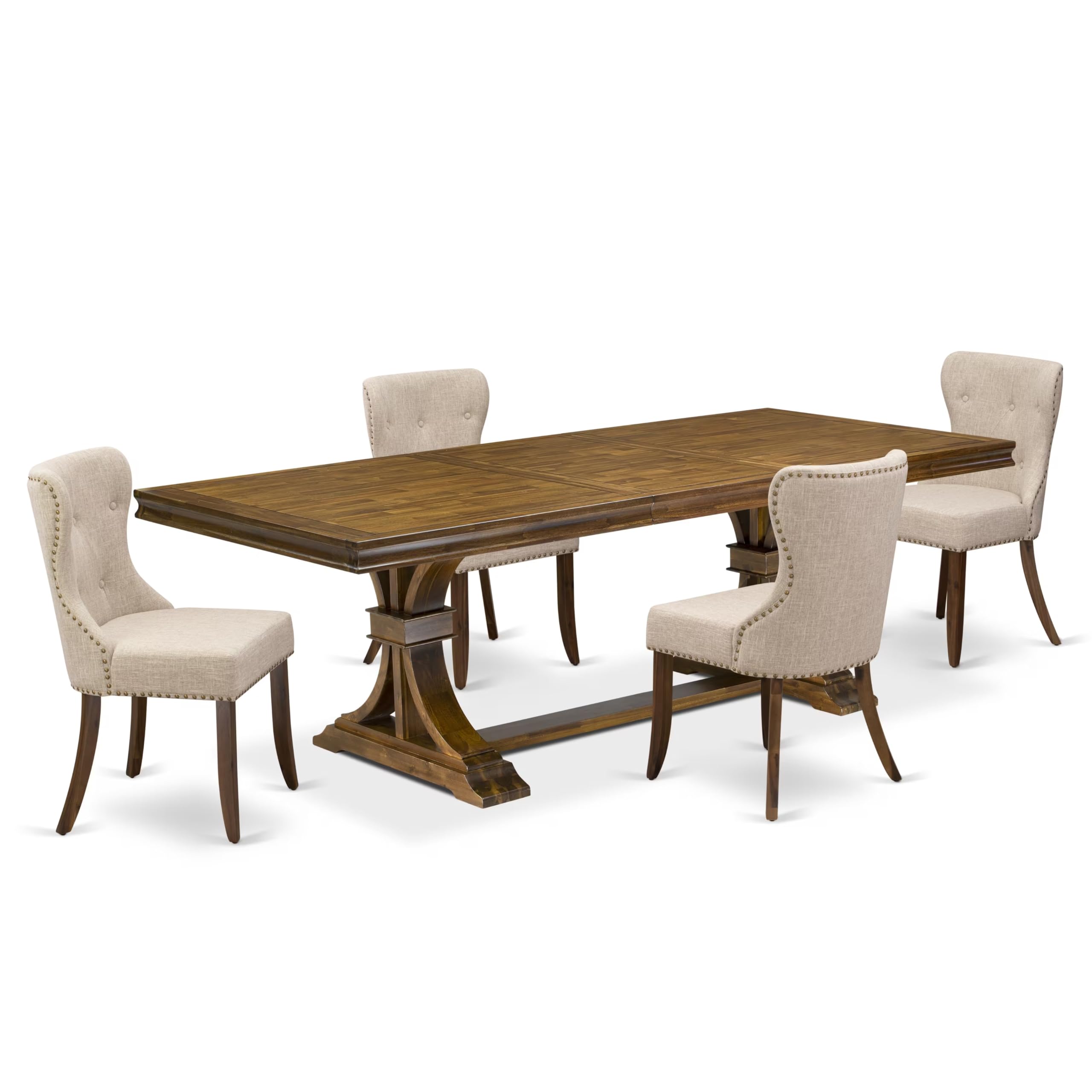 5 piece Dining Room Set of a Wood Table and 4 Linen Fabric Parson Dining Chairs