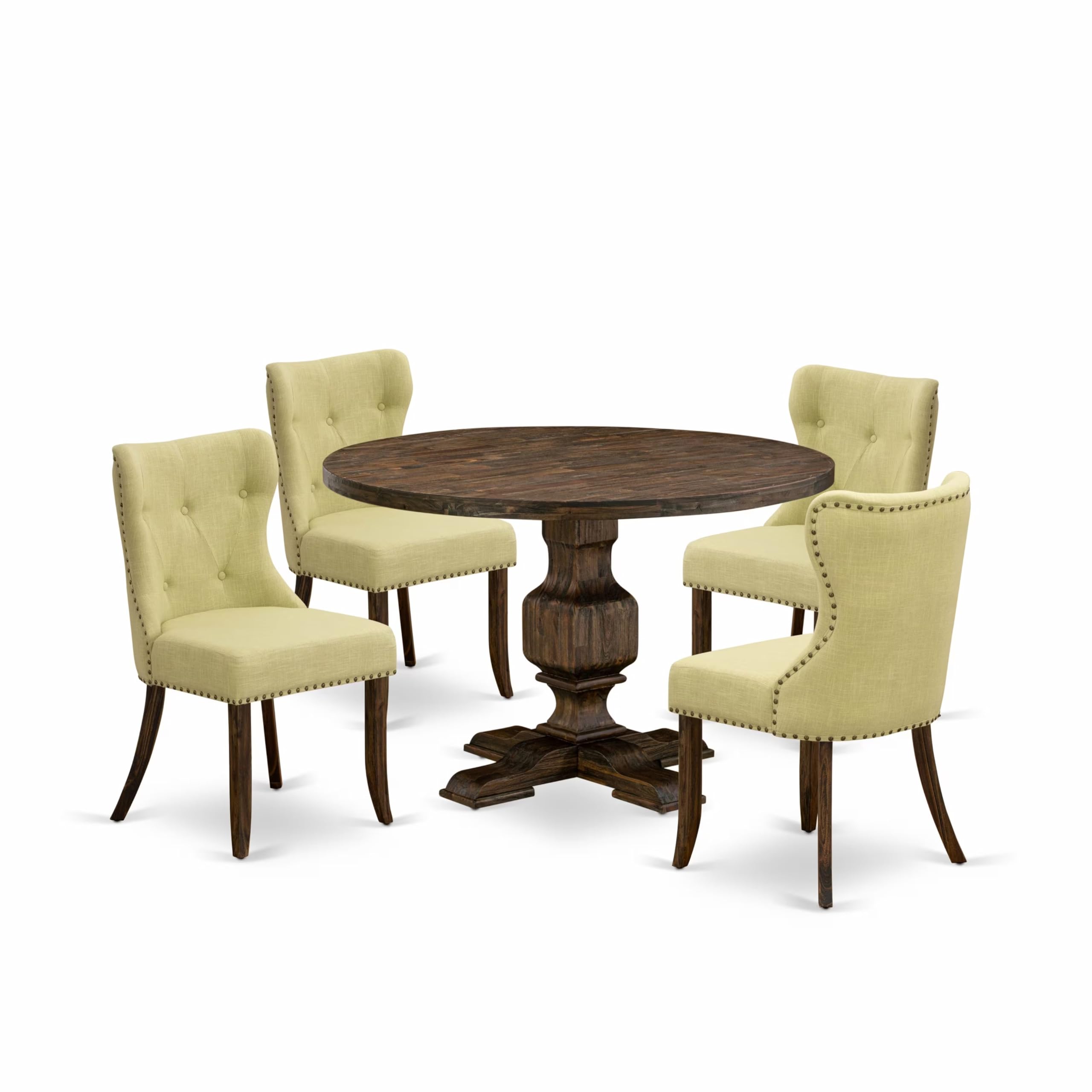 East West Furniture 5-Pc Modern Dining Table Set - Dining Table and 4 Limelight Color Parson Modern Chairs with Button Tufted Back - Distressed Jacobean Finish