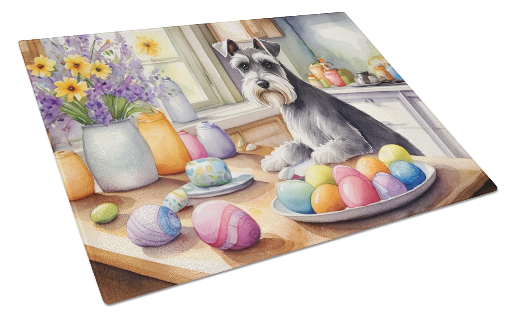 Carolines Treasures DAC6892LCB Decorating Easter Schnauzer Glass Cutting Board Decorative Tempered Glass Kitchen Cutting and Serving Board Large Size Chopping Board