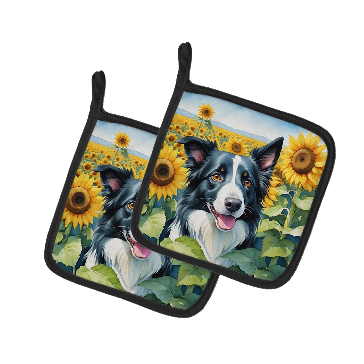 Border Collie in Sunflowers Pair of Pot Holders