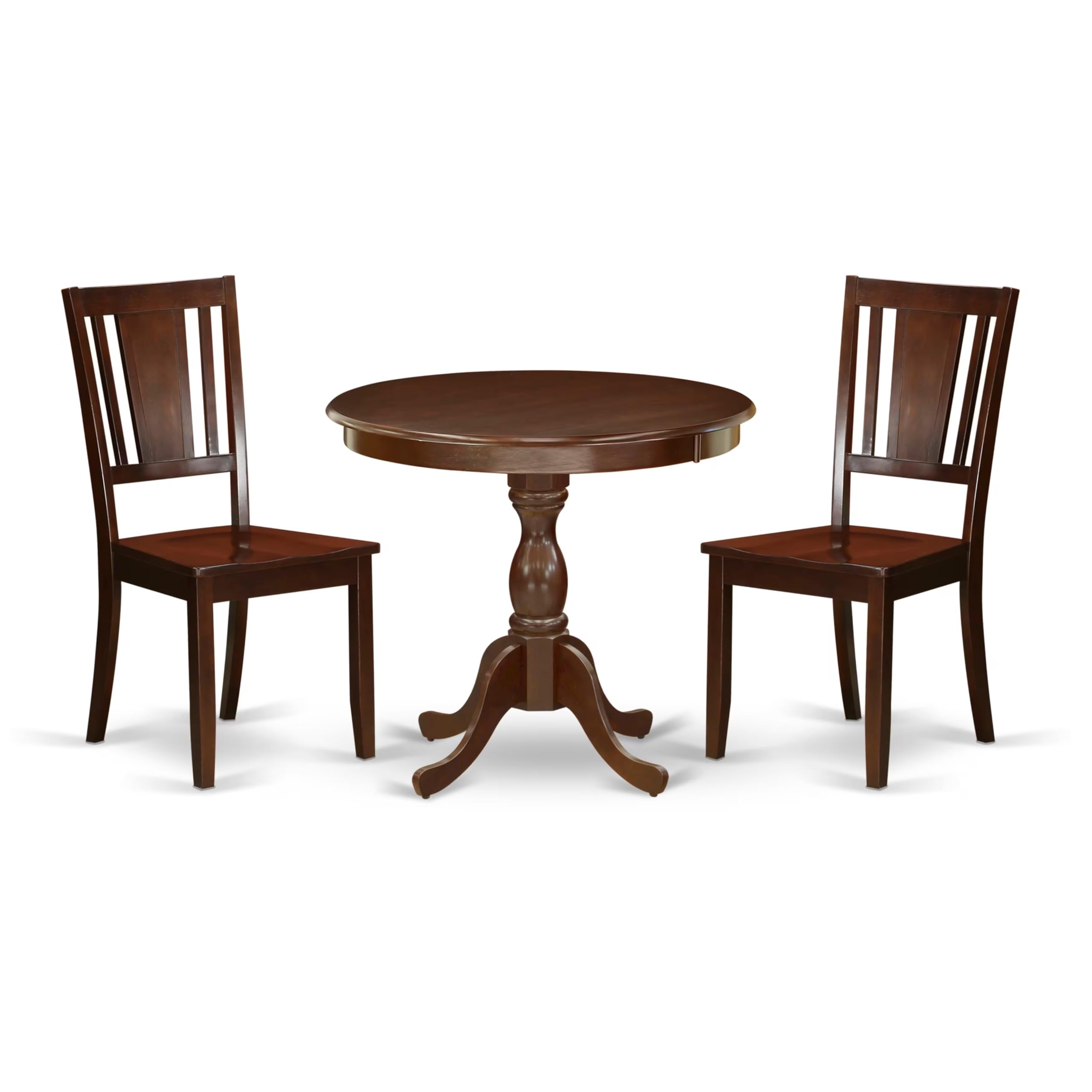 East West Furniture 3 Piece DINETTE SET Consists of 1 Pedestal Dining Table and 2 Mahogany Dinning Chairs with Panel Back - Mahogany Finish