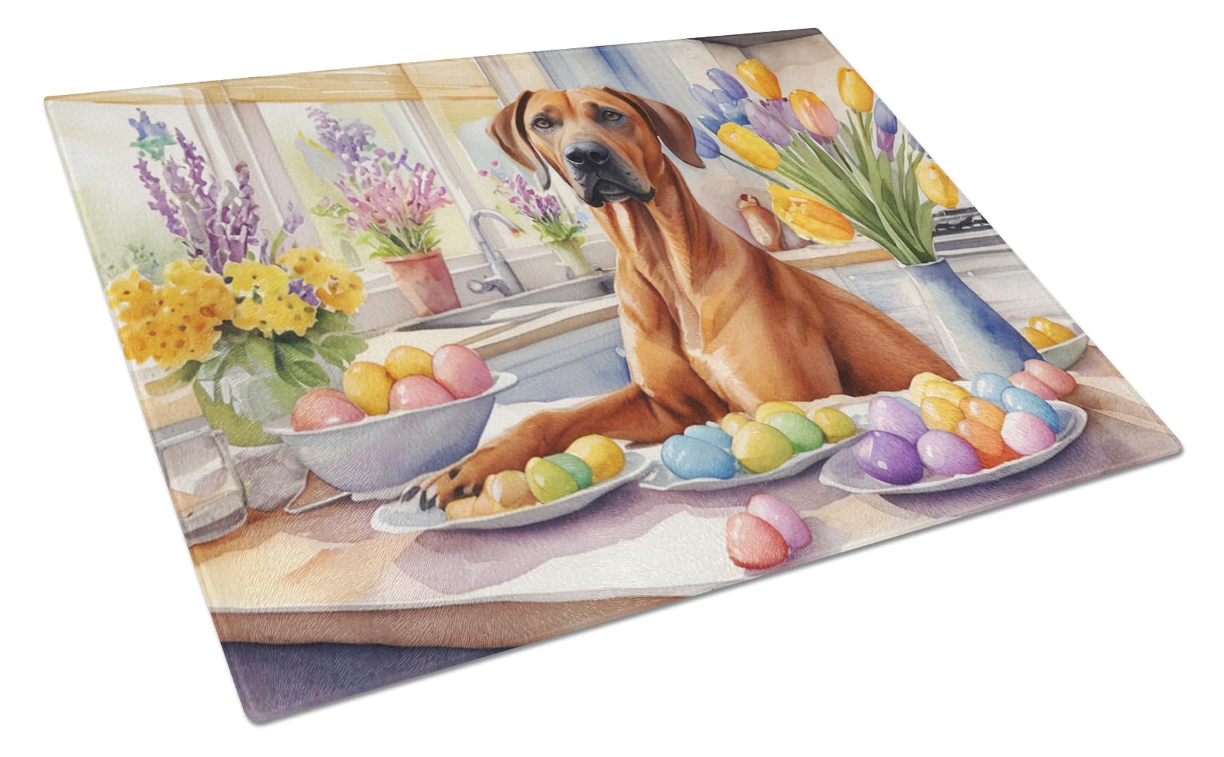 Carolines Treasures DAC6886LCB Decorating Easter Rhodesian Ridgeback Glass Cutting Board Decorative Tempered Glass Kitchen Cutting and Serving Board Large Size Chopping Board