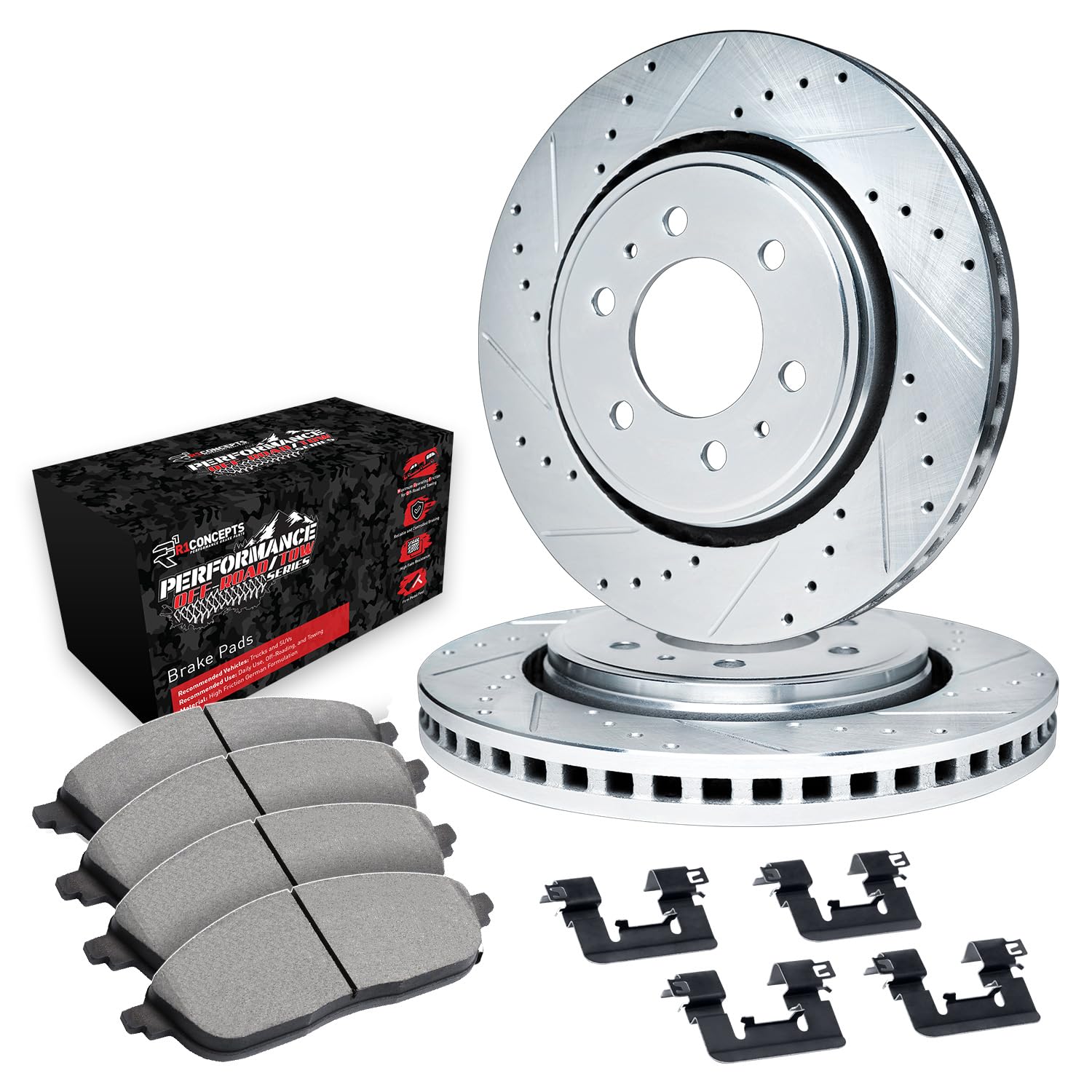 R1 Concepts Drilled and Slotted Silver Disc Brake Rotor Set with Off-Road/Tow Brake Pads and Hardware WGVH1-48042