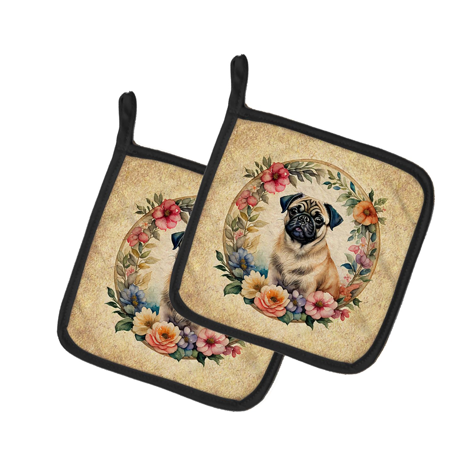 Fawn Pug and Flowers Pair of Pot Holders