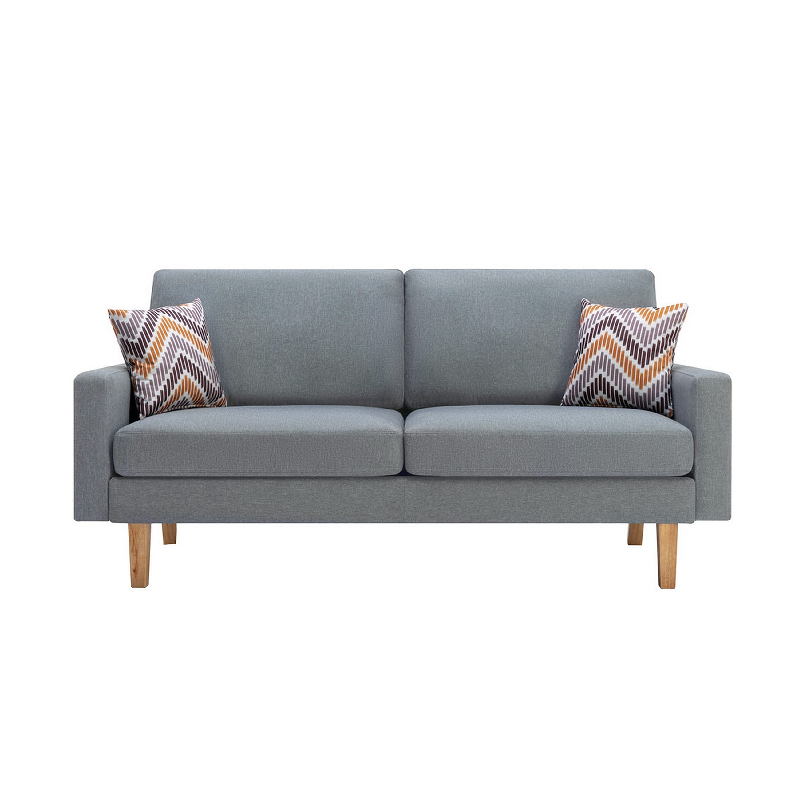 Gala Sofa, Crisp Light Gray Linen Fabric, 2 Pillows, Brown Solid Wood Frame