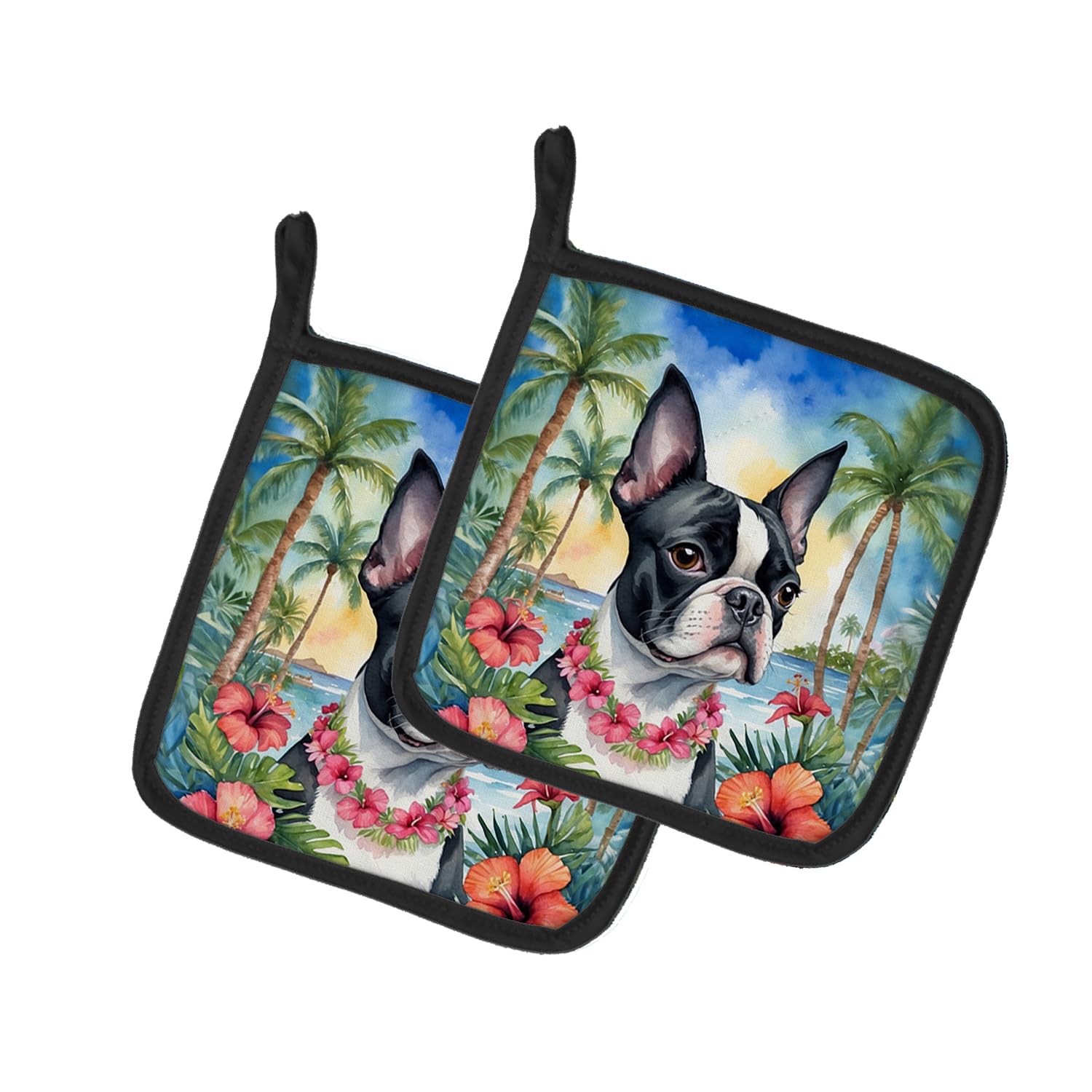 Boston Terrier Luau Pair of Pot Holders