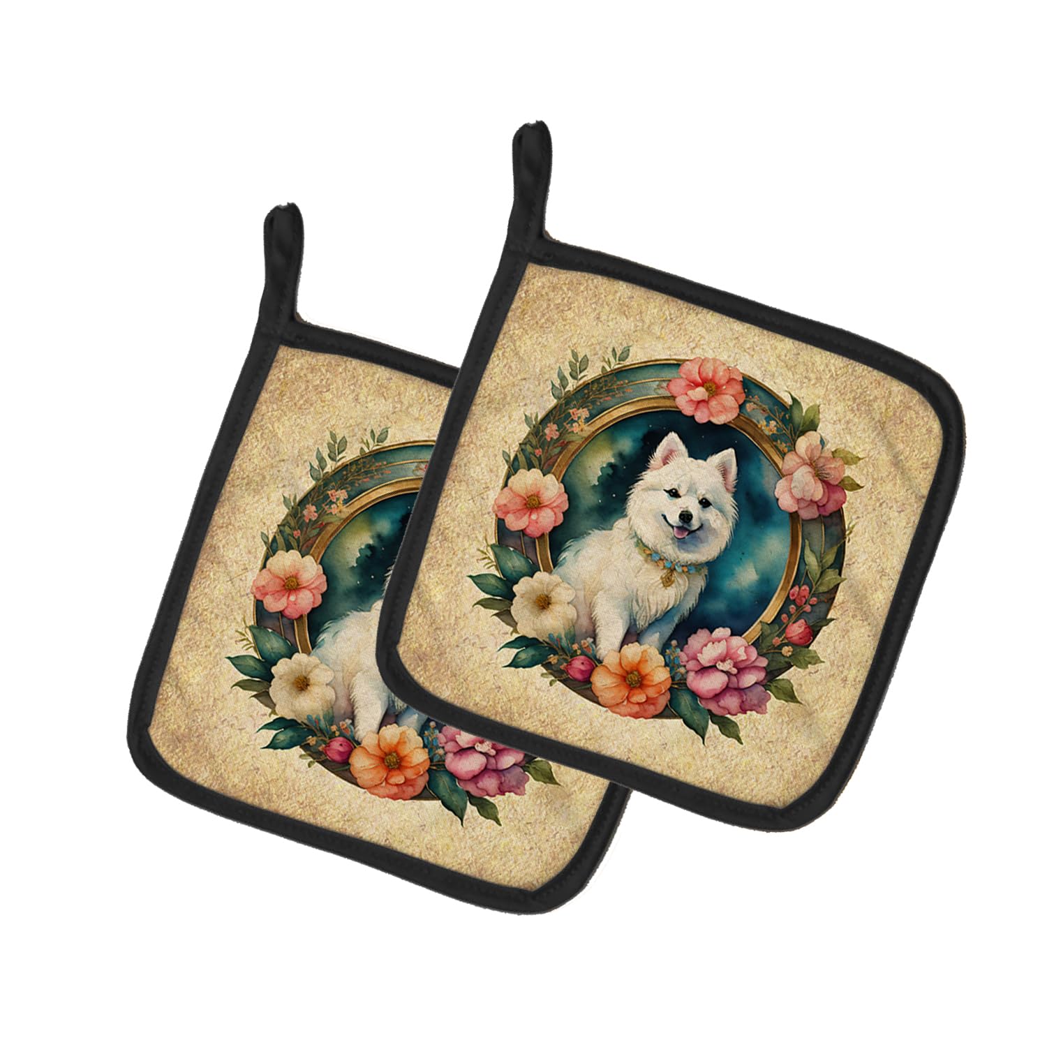 Japanese Spitz and Flowers Pair of Pot Holders