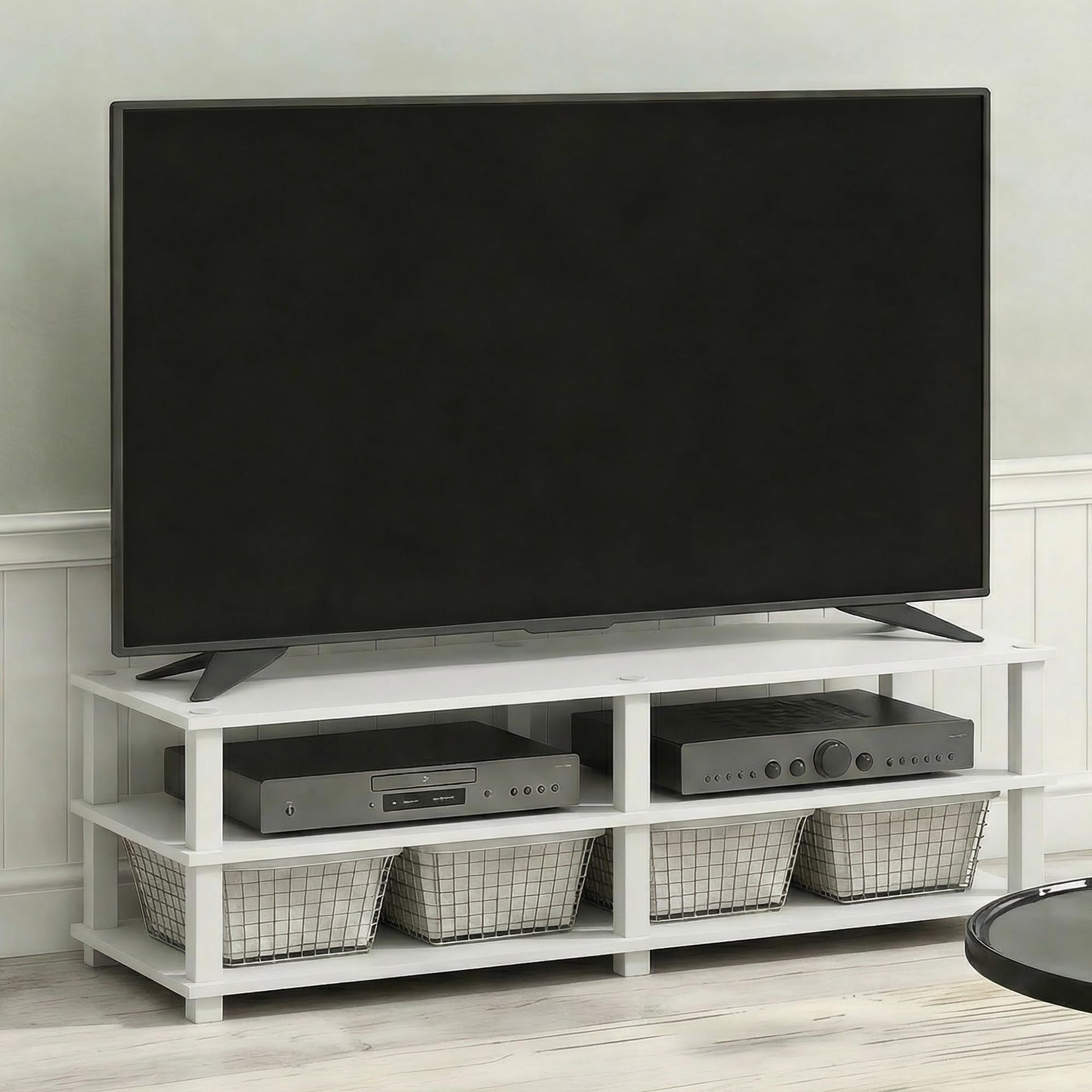 Furinno TURN-S-TUBE TV Stand, 3-Tier Open Frame Design Entertainment Center, TV Console for TV up to 55 Inch, Toolless Assembly, for Living Room, Bedroom, White