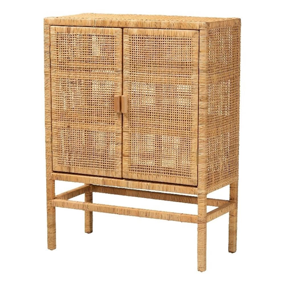 Baxton Studio Vivan Modern Bohemian Natural Brown Rattan and Mahogany Wood 3-Shelf Storage Cabinet
