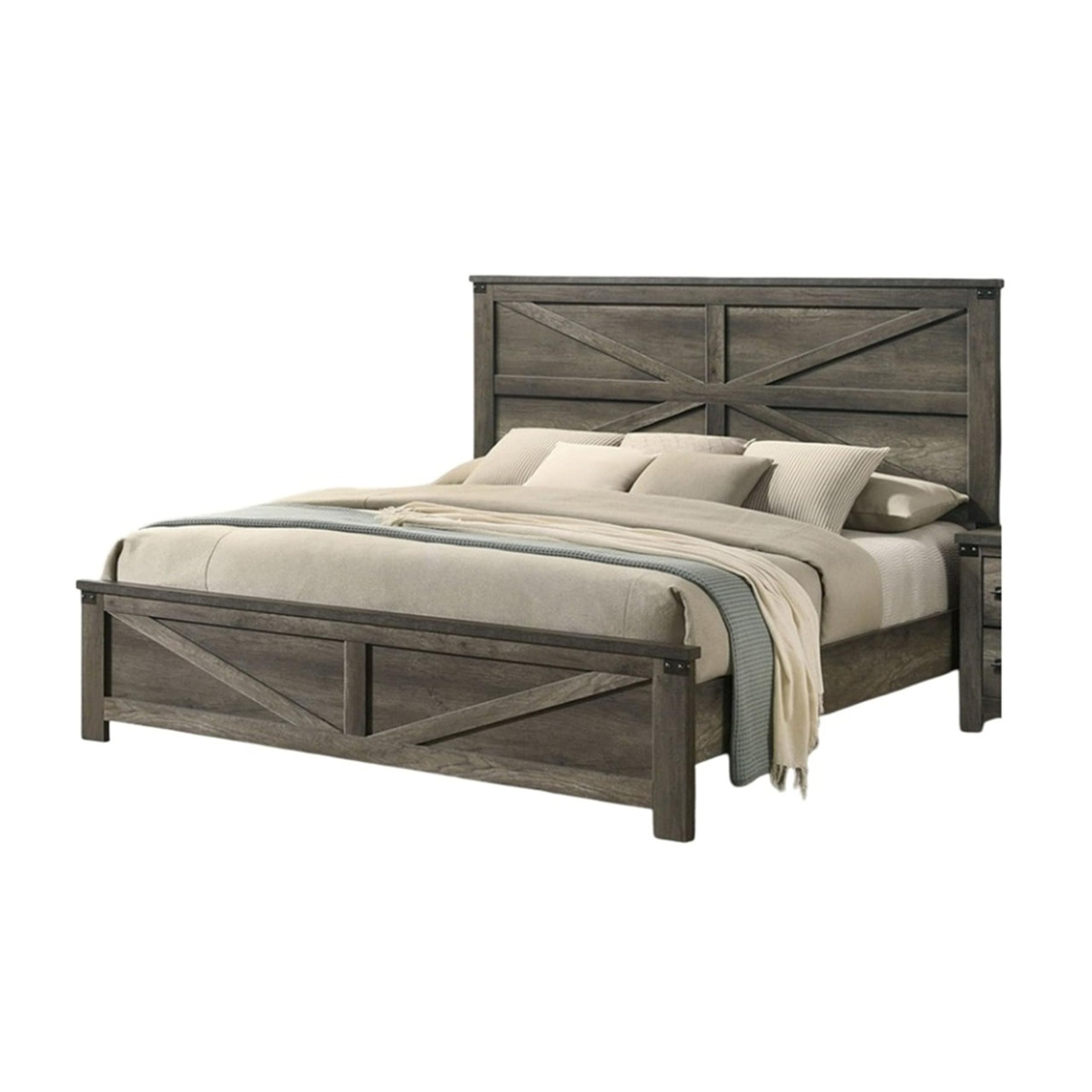 Bry Queen Size Bed w Chevron Panel Headboard, Rustic Gray Wood Frame