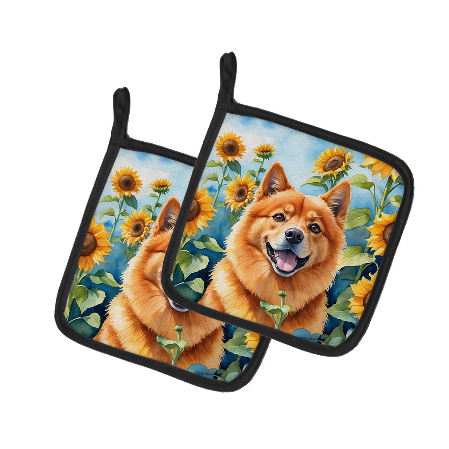 Finnish Spitz in Sunflowers Pair of Pot Holders