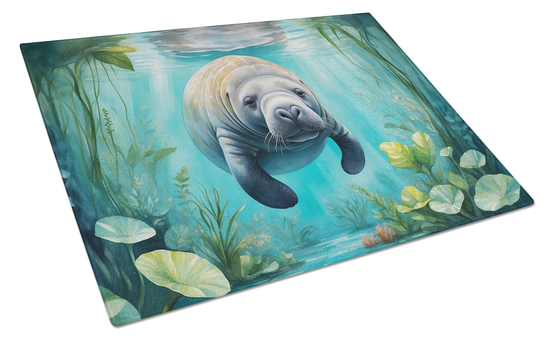 Carolines Treasures Manatee in a Crystal-Clear Spring Glass Cutting Board Decorative Tempered Glass Kitchen Cutting and Serving Board Large Size Chopping Board