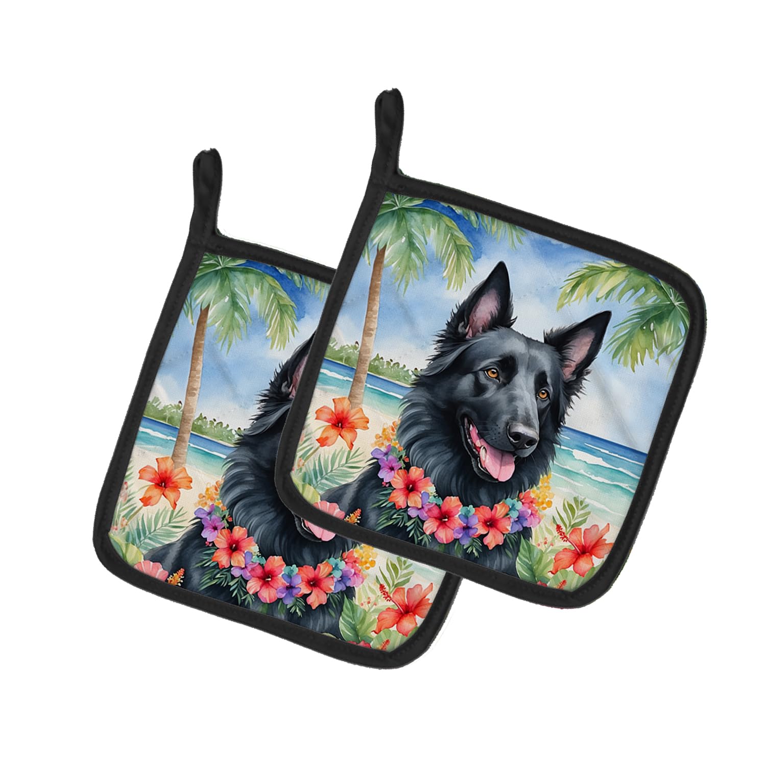 Belgian Sheepdog Luau Pair of Pot Holders