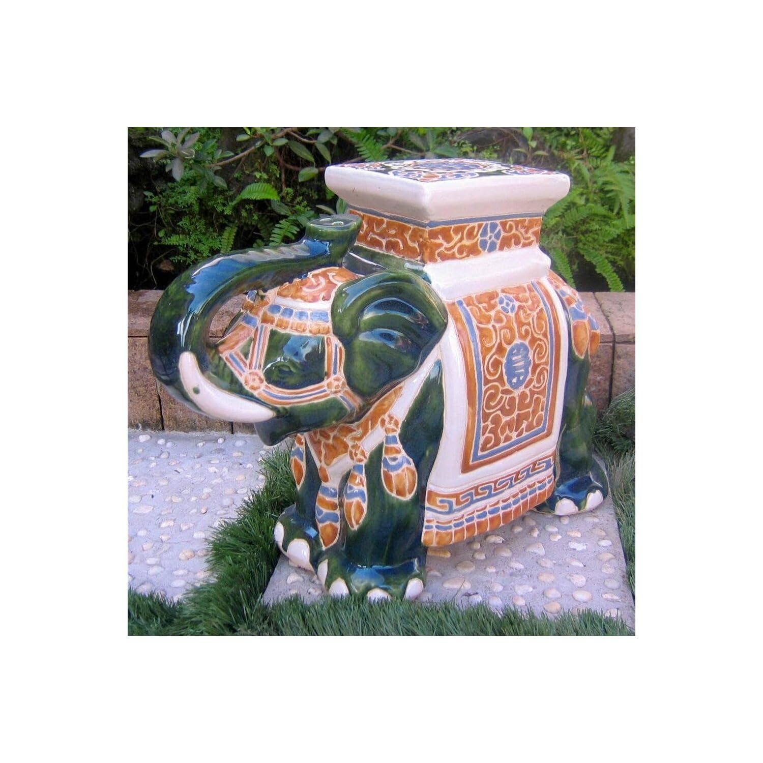 Large Porcelain Elephant Stool - Green