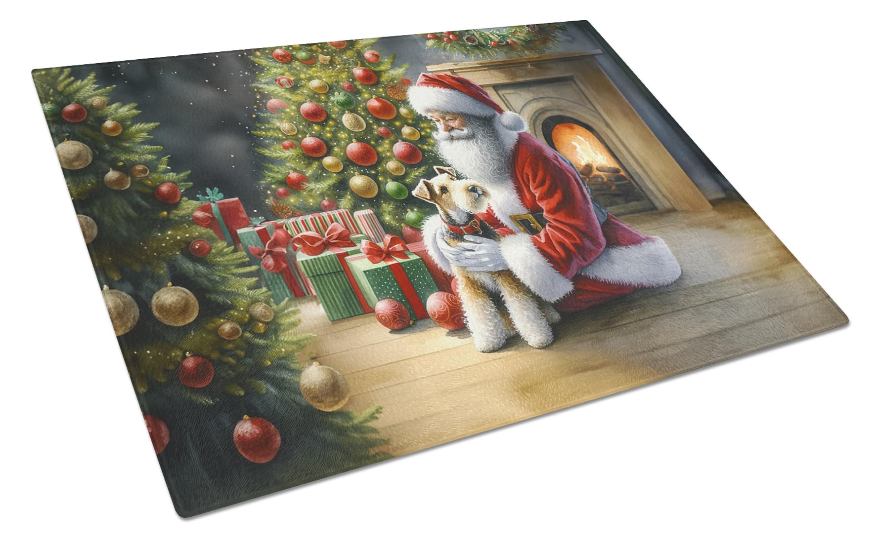 Carolines Treasures DAC4169LCB Fox Terrier and Santa Claus Glass Cutting Board Decorative Tempered Glass Kitchen Cutting and Serving Board Large Size Chopping Board