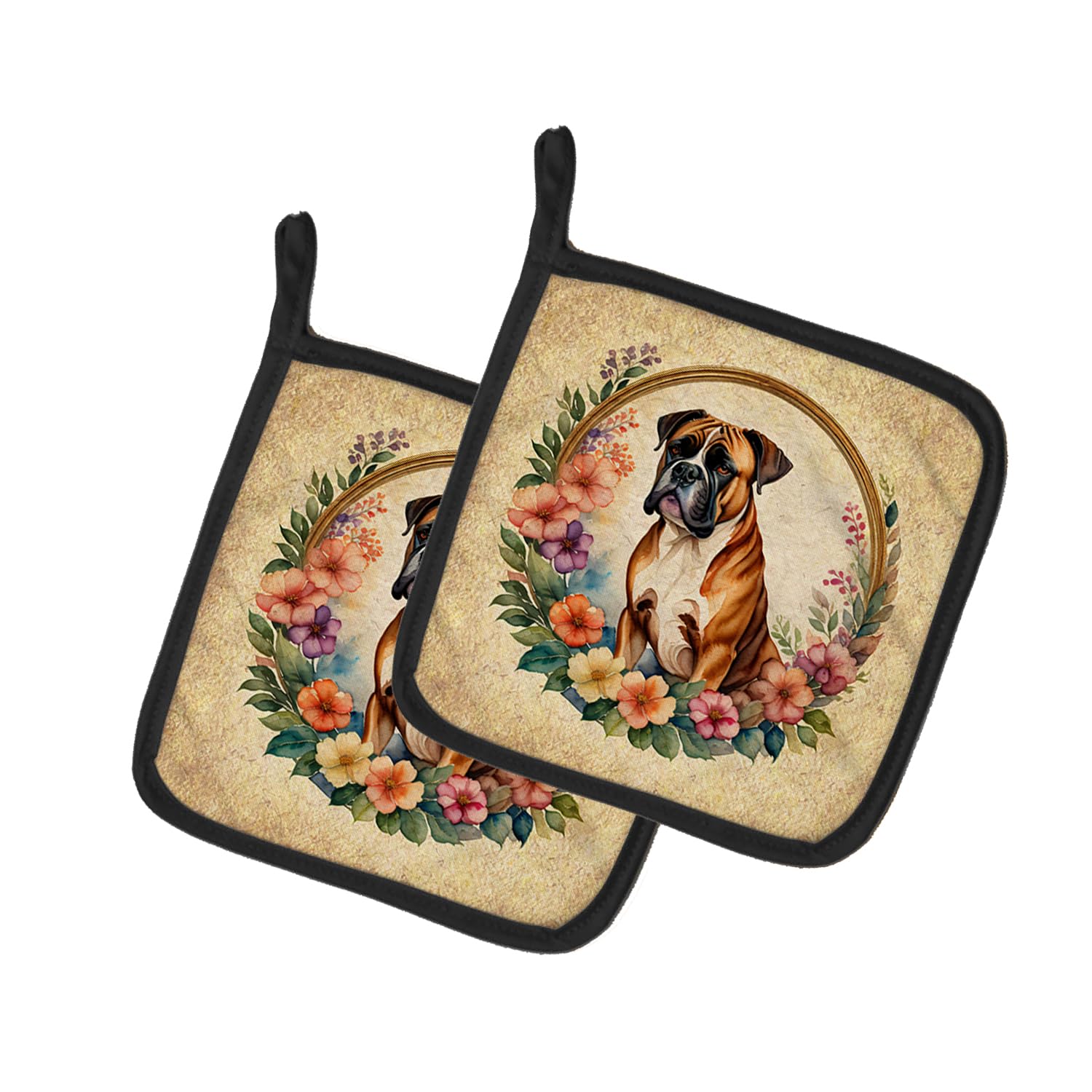 Boxer and Flowers Pair of Pot Holders
