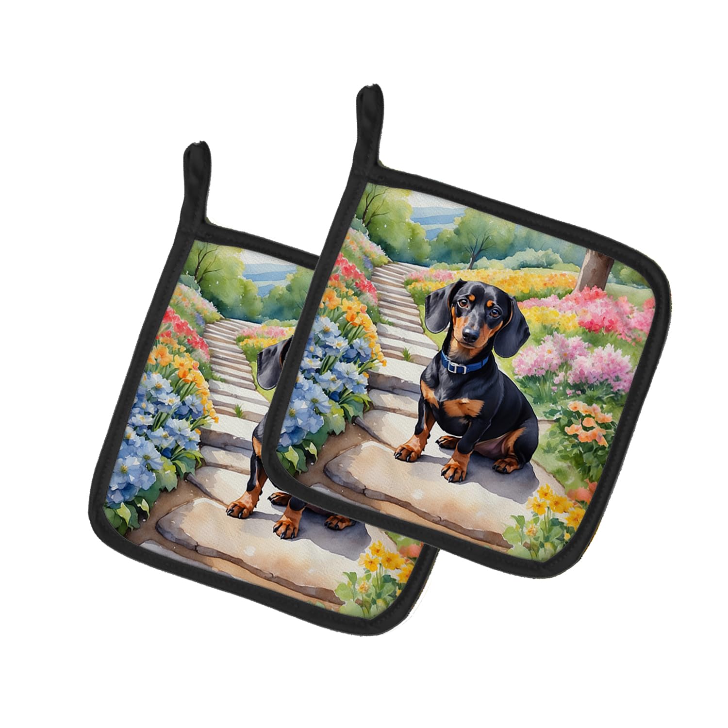 Dachshund Spring Path Pair of Pot Holders