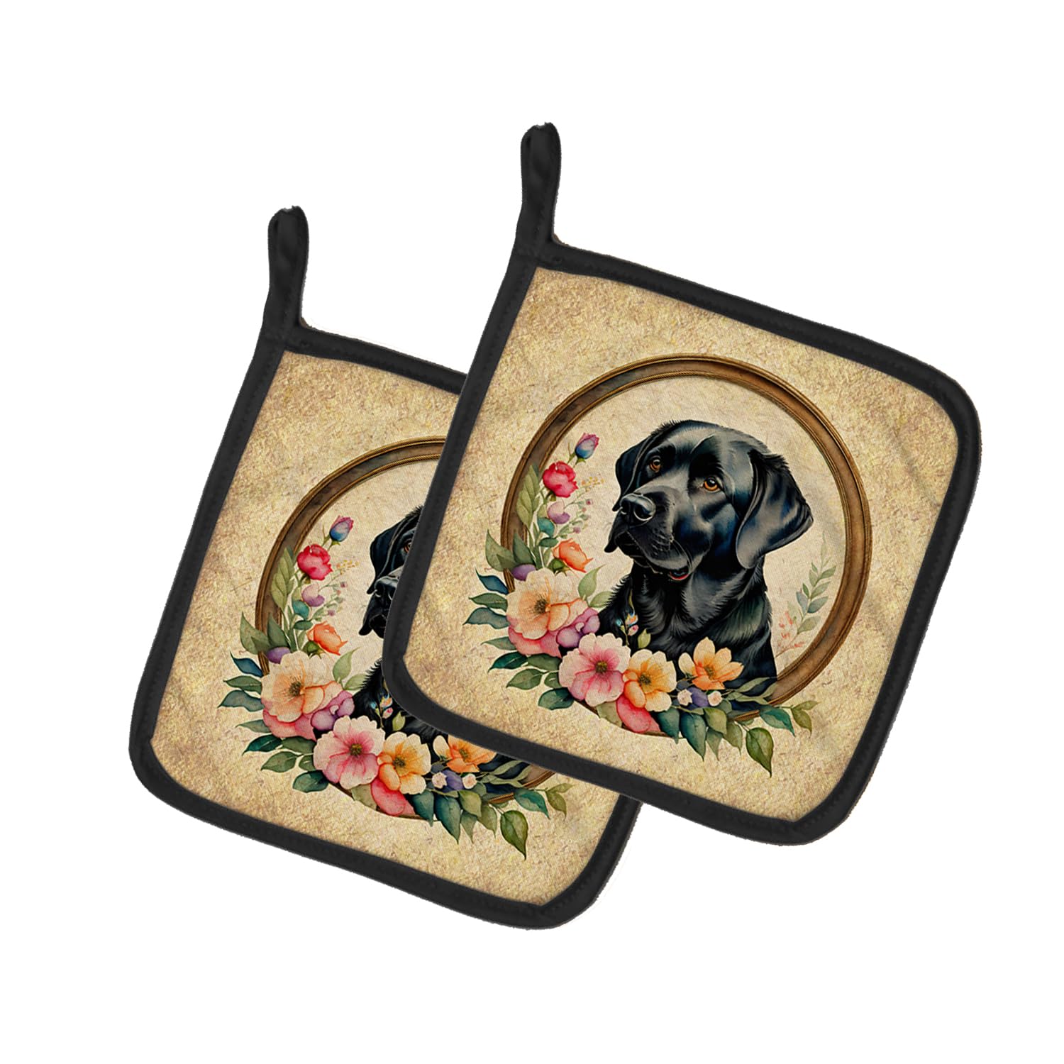 Black Labrador Retriever and Flowers Pair of Pot Holders