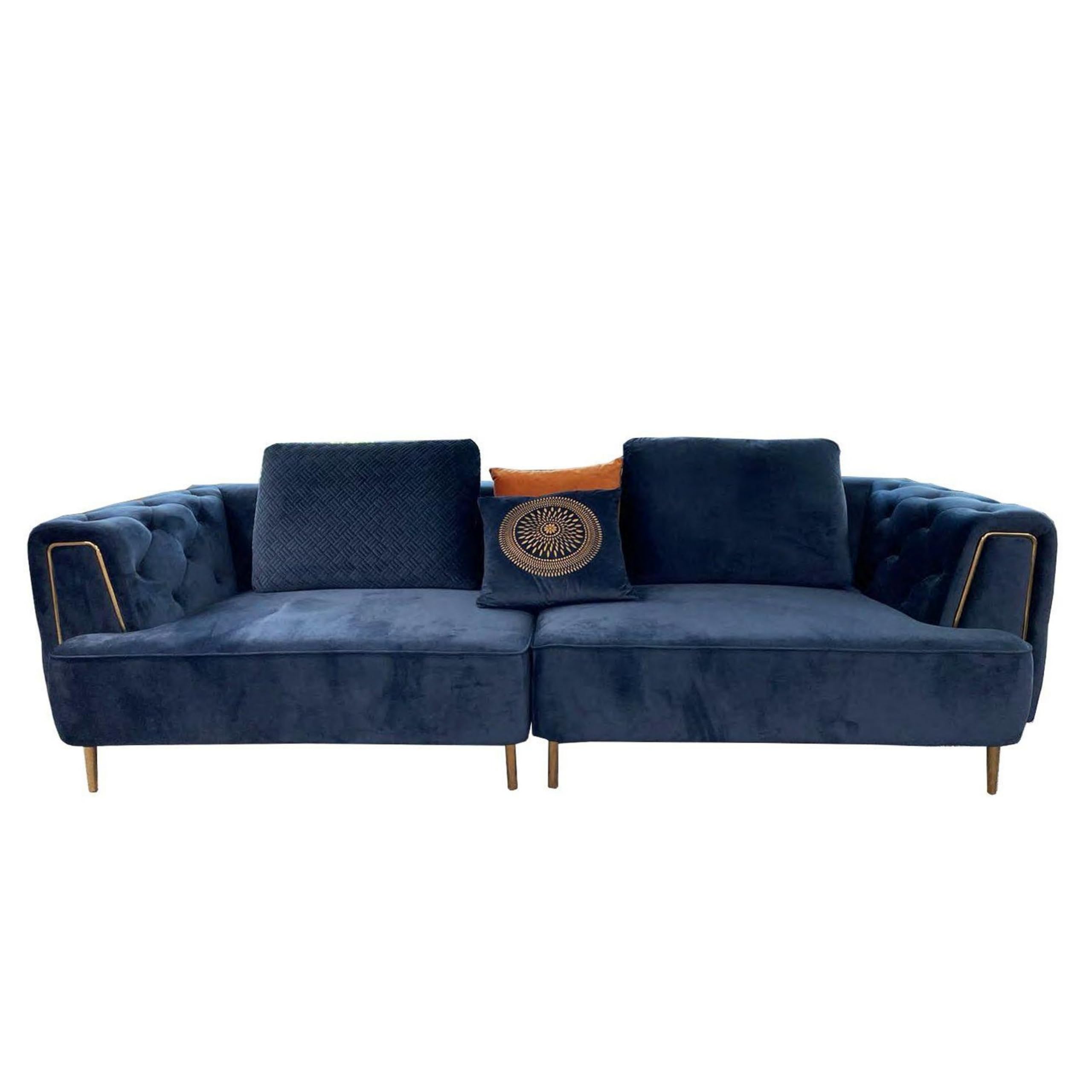 Azia 102 Inch Extra Long Sofa, Tufted Royal Blue Velvet Gold, Throw Pillows