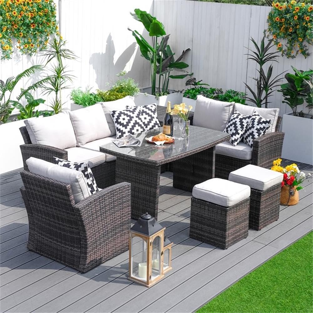 Direct Wicker Brown 7-Piece Patio Garden Rattan Wicker Conversational Set with Beige Cushions