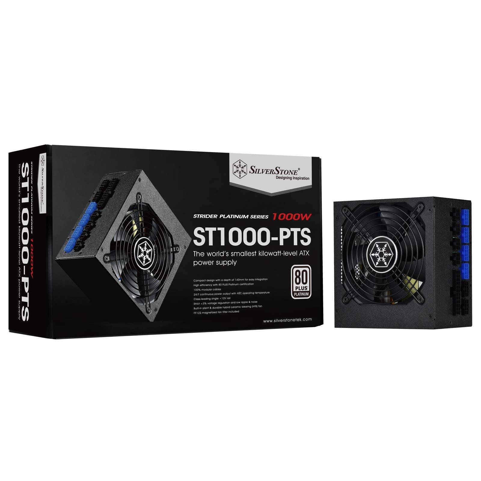 1000W, ATX, single +12V rails with 83A output, Silent 120mmFan with 18dBA, efficiency 80Plus Platinum certification, fully modular cable, 140mm depth, 8x8/6pin PCI-E.