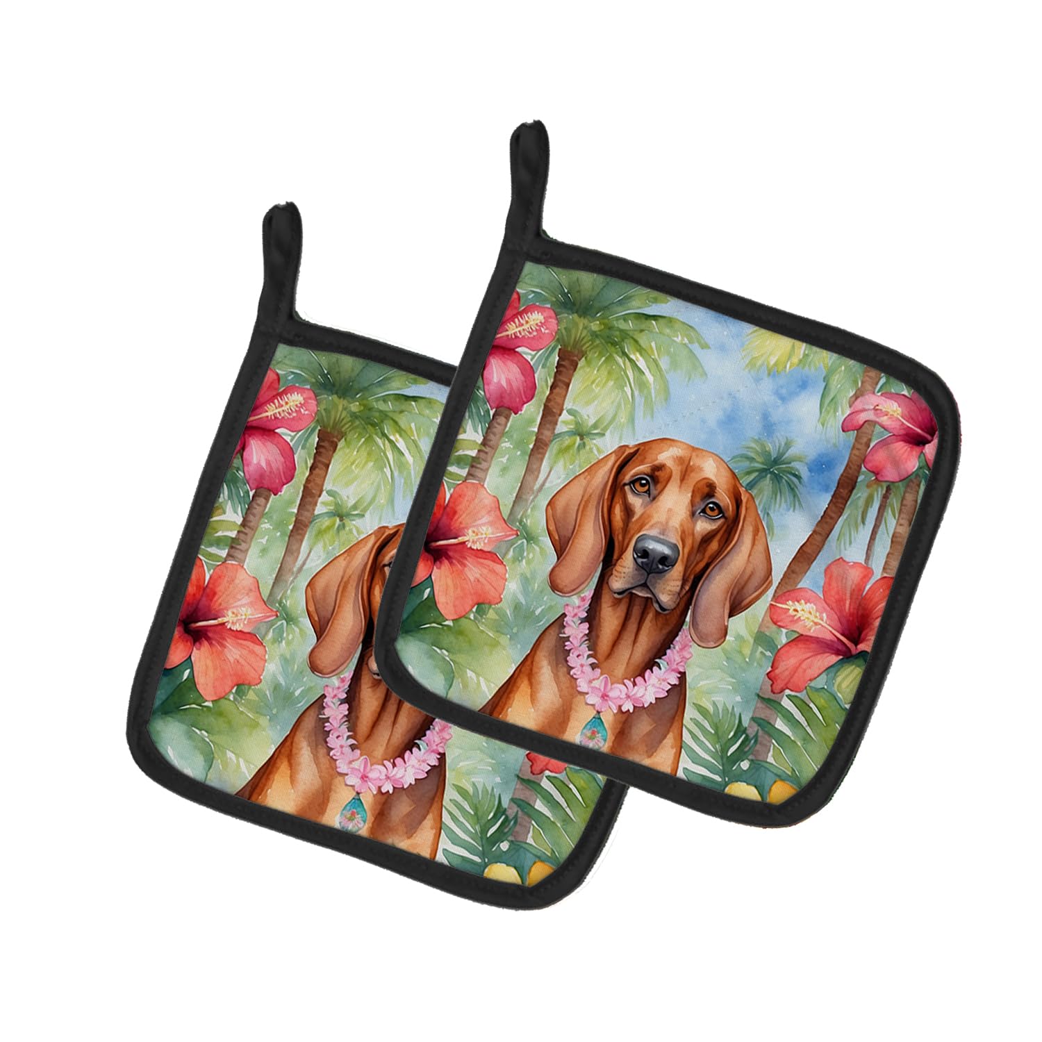 Redbone Coonhound Luau Pair of Pot Holders