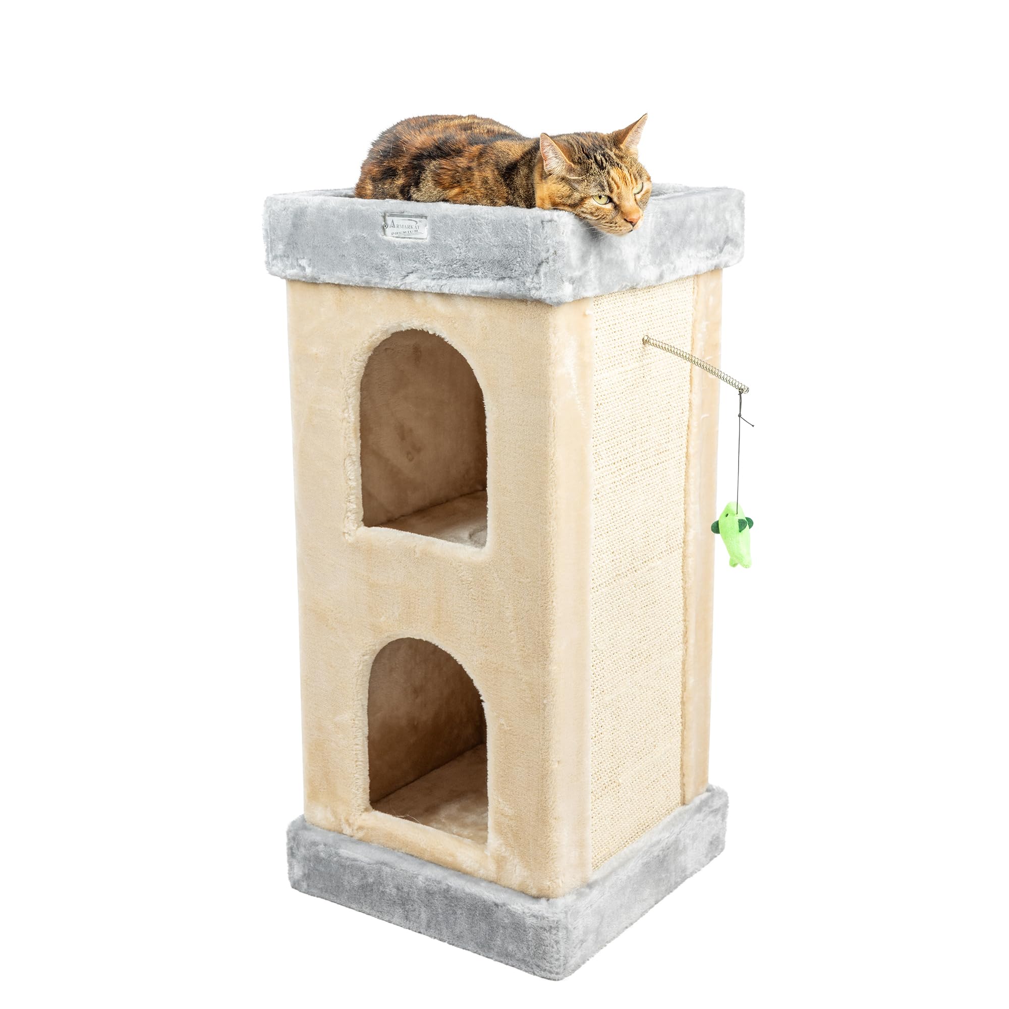 Armarkat Double Condo Real Wood Cat House With SratchIng Carpet For Cats, Kitty Enjoyment