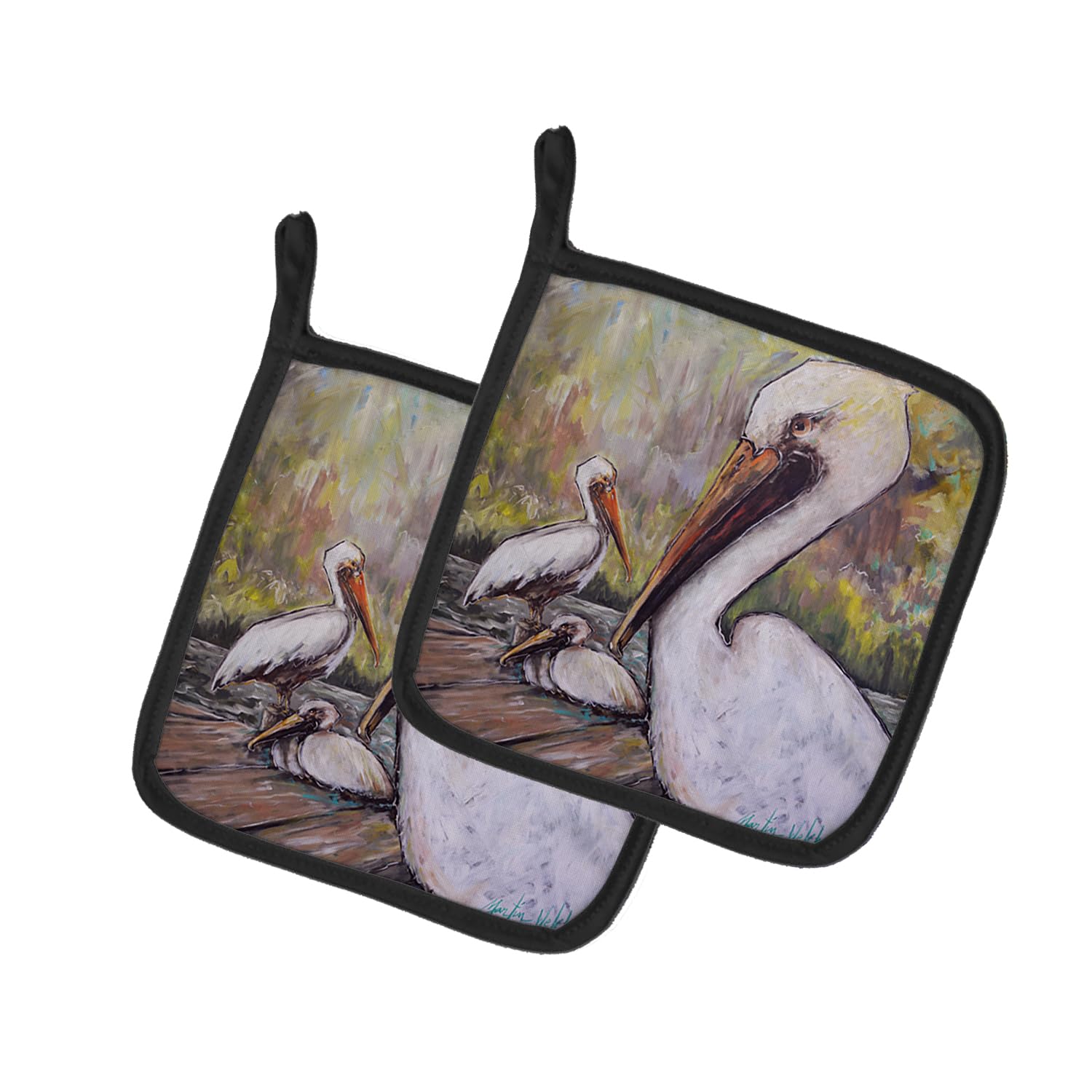Three Pelicans on a Pier Pair of Pot Holders