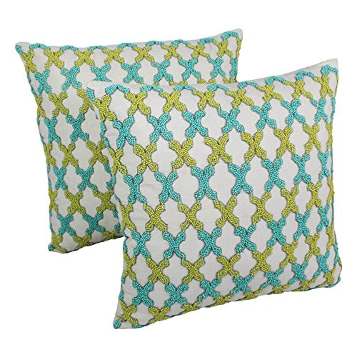 Blazing Needles 20-inch Moroccan Patterned Beaded Cotton Throw Pillows (Set of 2) - Sea Green and Teal Beads/Ivory Fabric