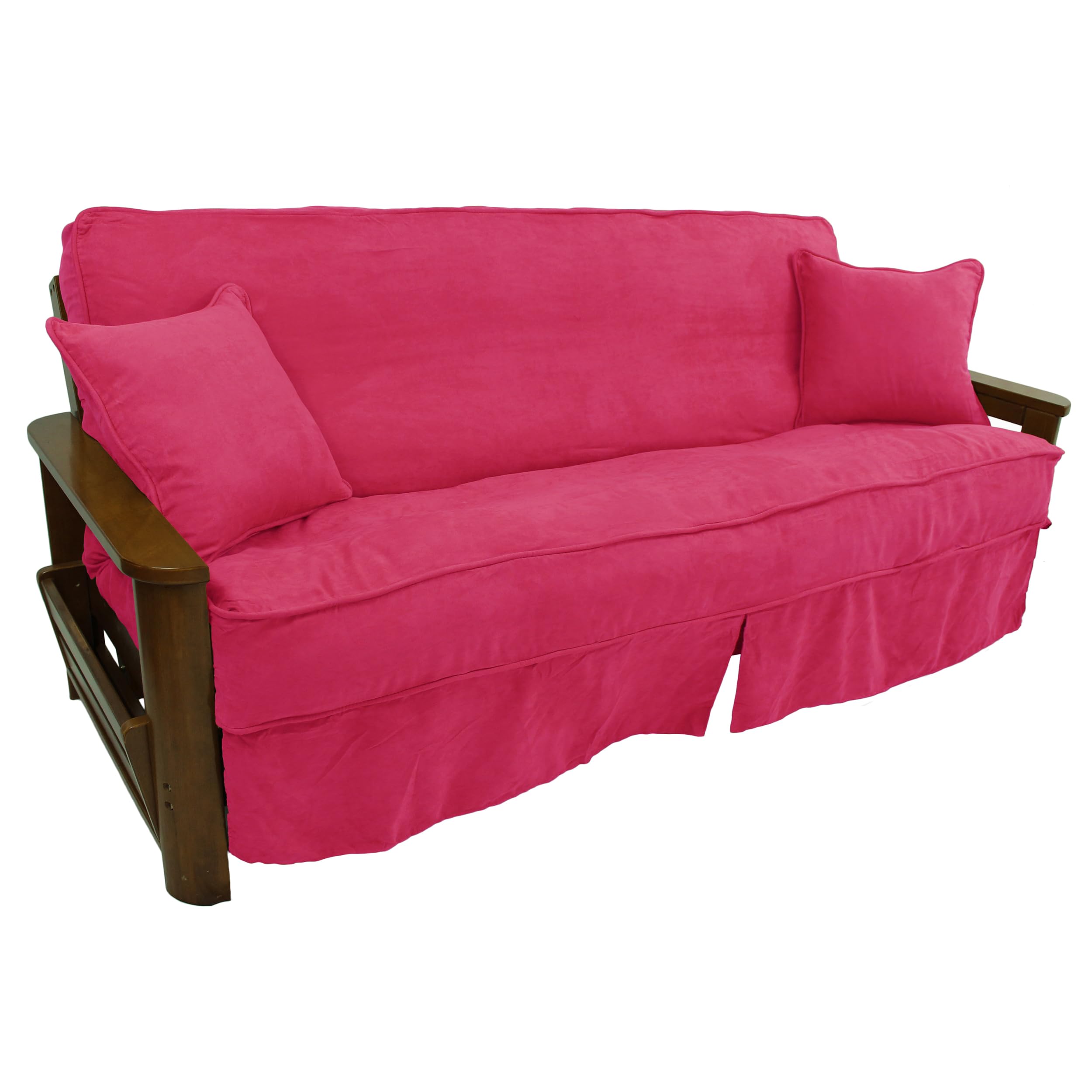 Solid Microsuede Double Corded 8 to 9-inch Full Futon Slipcover Set with Two 18-inch Throw Pillows (Set of 3) - Bery Berry