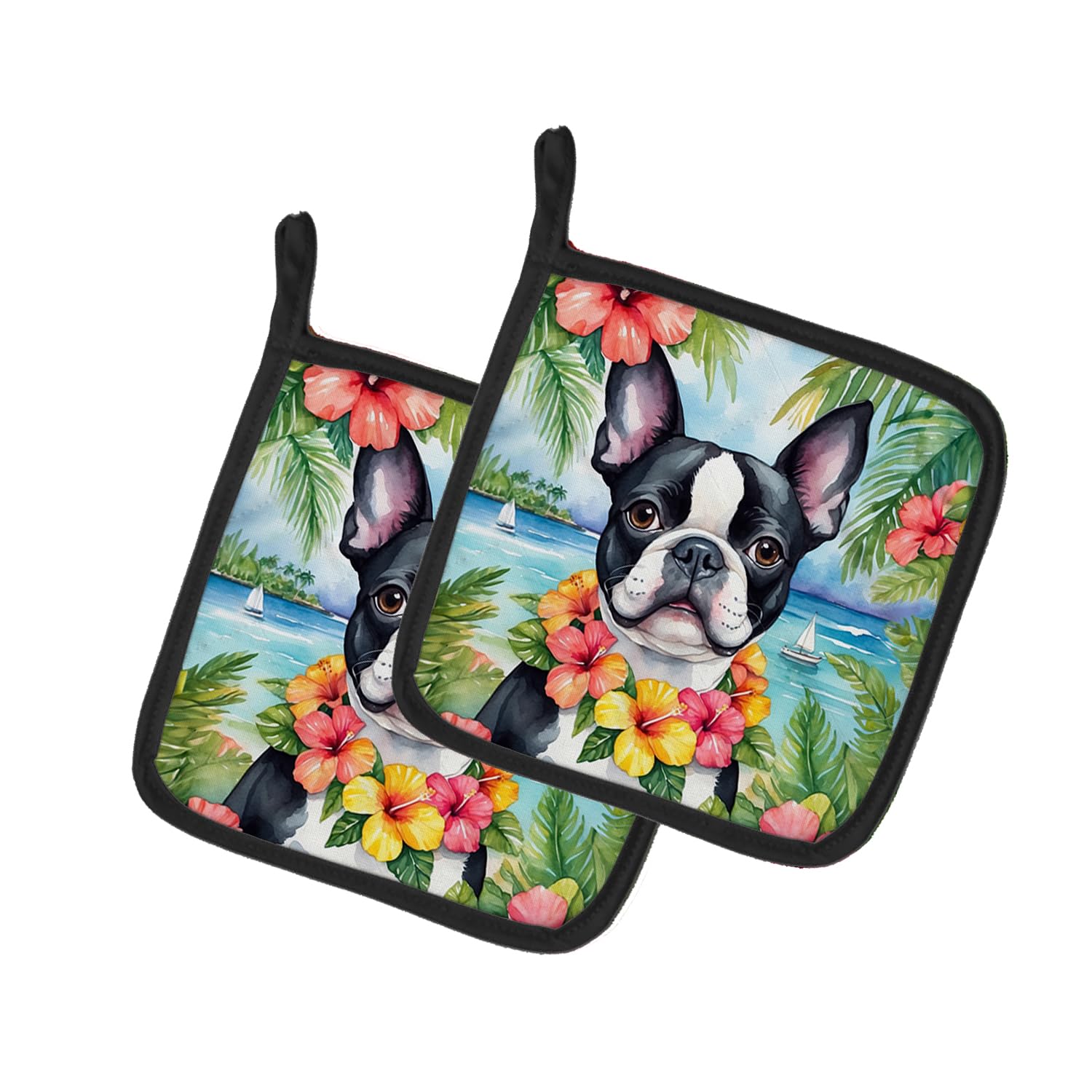 Boston Terrier Luau Pair of Pot Holders
