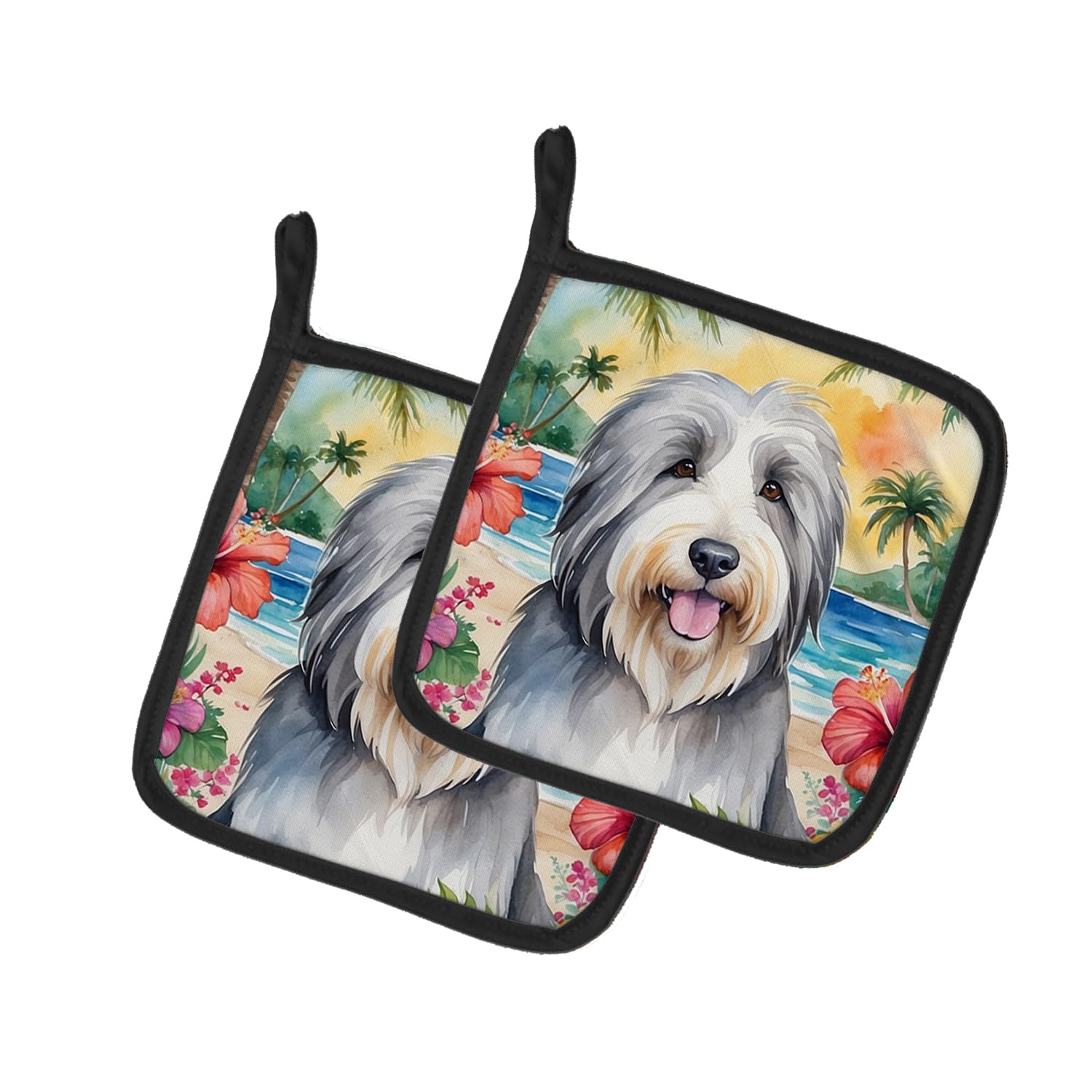 Bearded Collie Luau Pair of Pot Holders