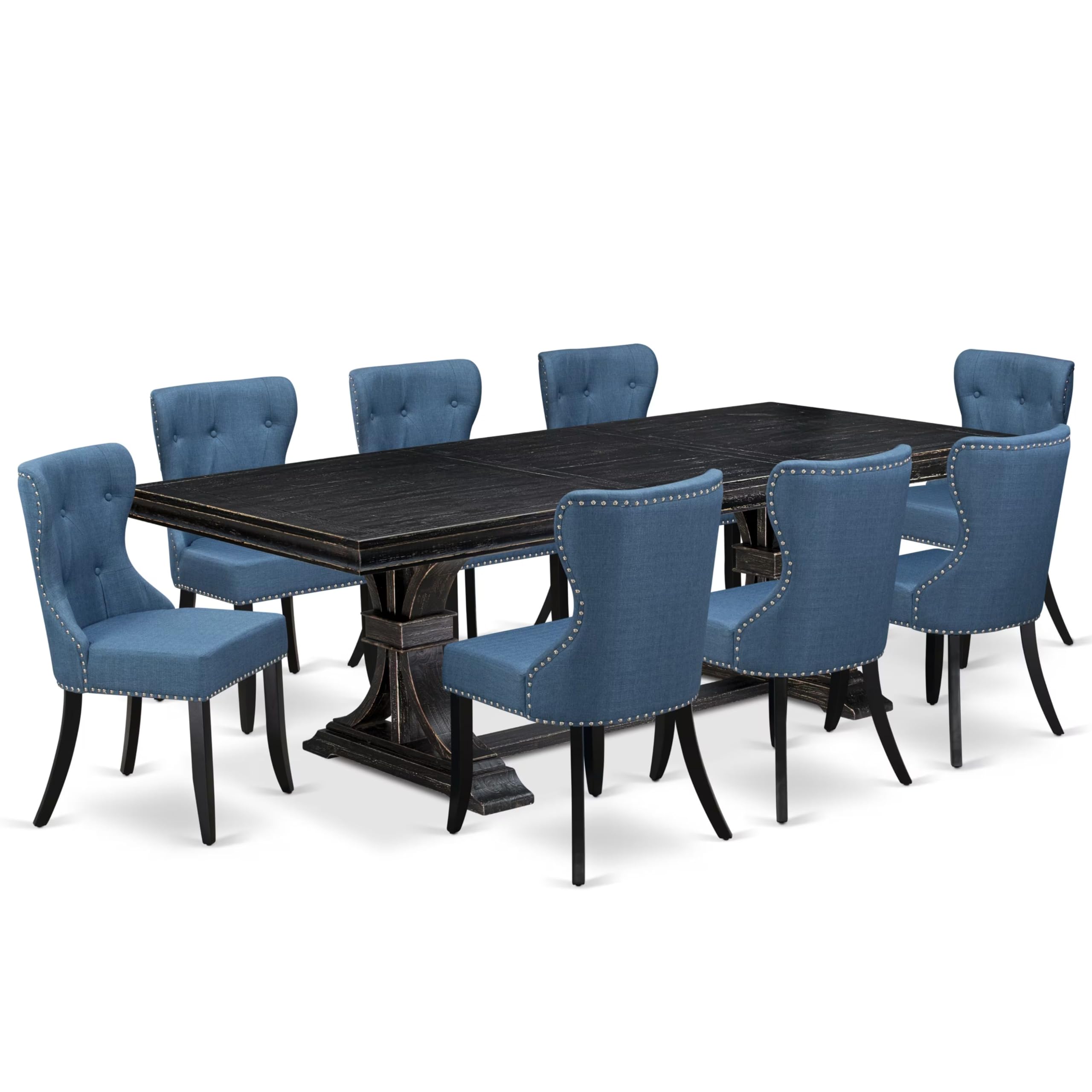 9 piece Dining Room Set of a Modern Table and 8 Linen Fabric Dining Room Chairs