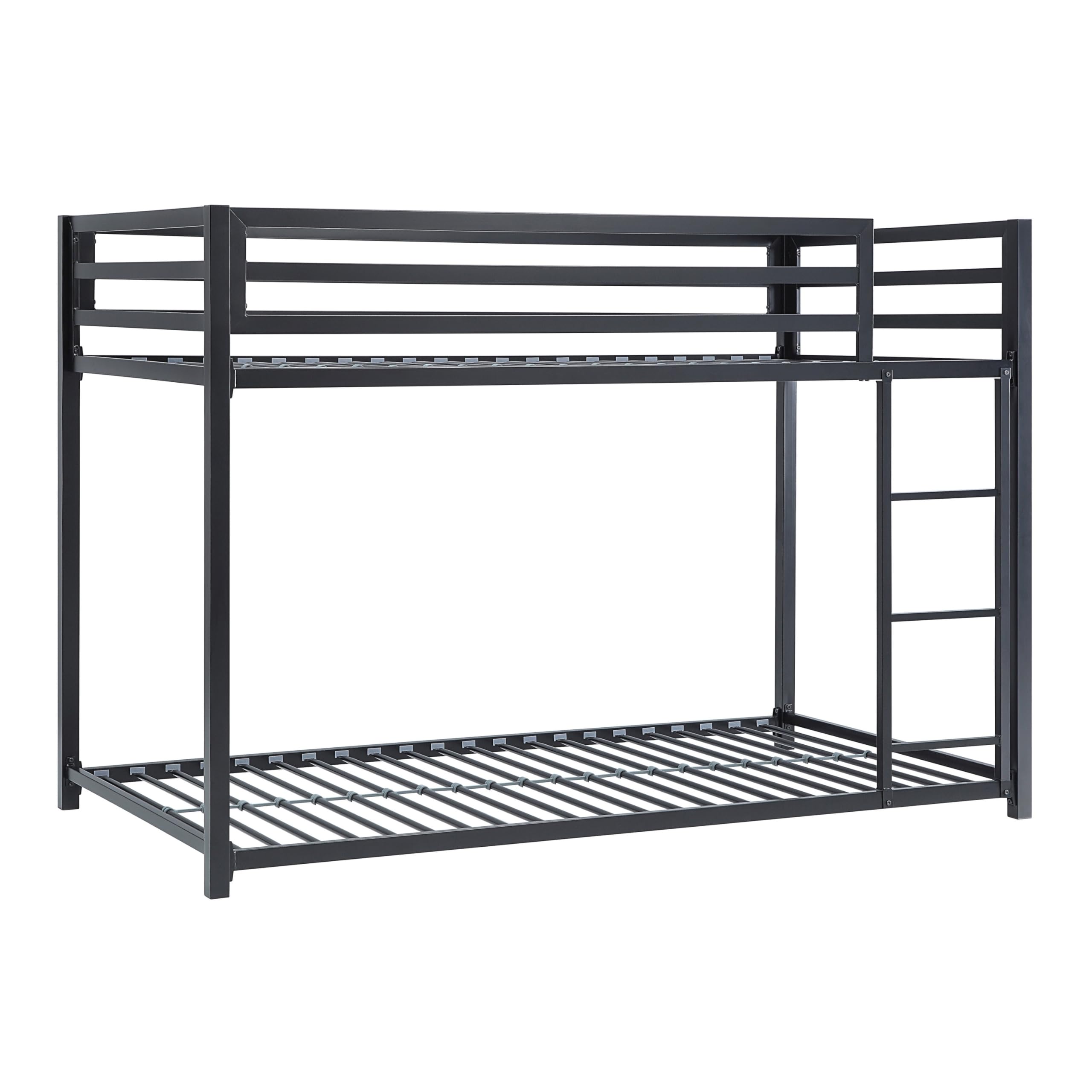 Ovi 78 Inch Twin Bunk Bed, Mounted Ladder, Ground Level Platform Bed, Black