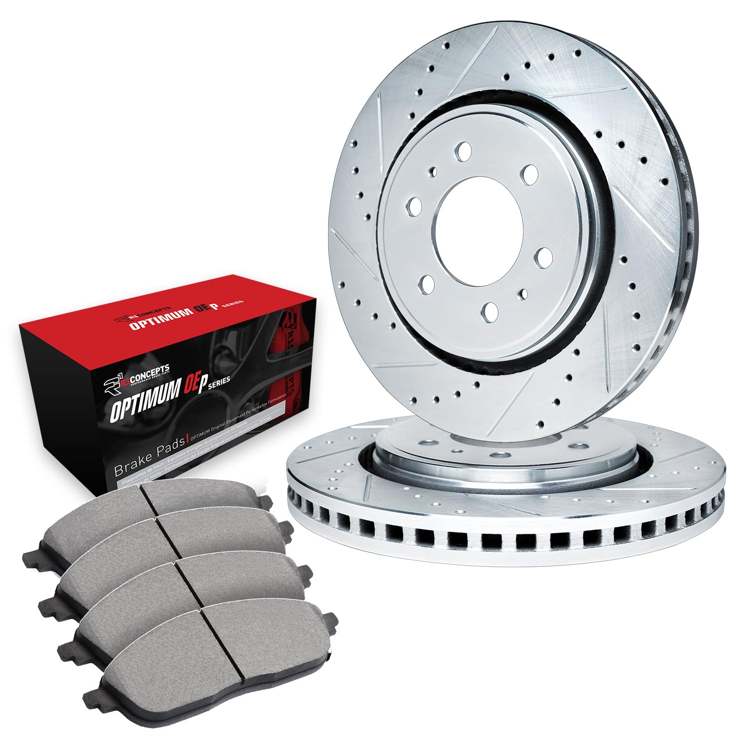 R1 Concepts Drilled and Slotted Silver Disc Brake Rotor Set with Optimum Oe Pads WGUN1-40127