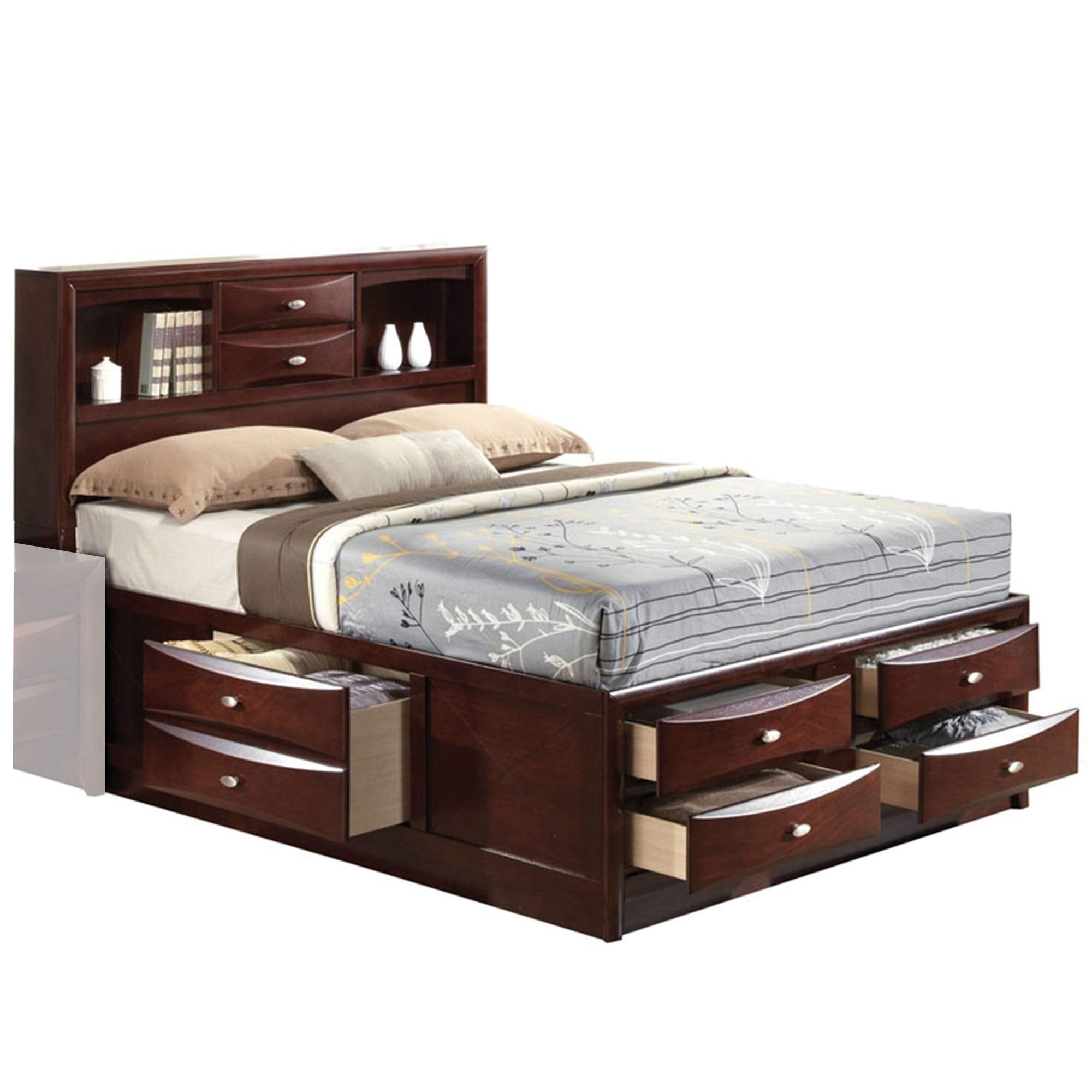 Panel Design Eastern King Size Bed with Bookcase and Drawers, Brown